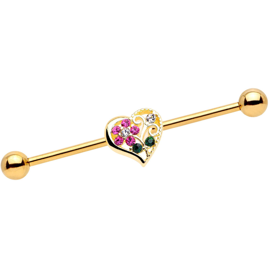 BodyCandy 14G Clear Pink Gem Flower Heart Gold Tone Barbell Industrial — main product shot