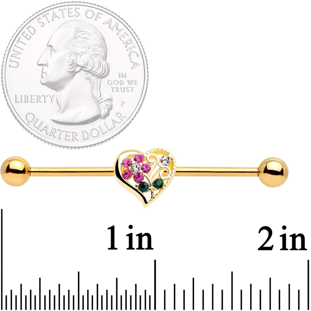 BodyCandy 14G Clear Pink Gem Flower Heart Gold Tone Barbell Industrial — detail close-up