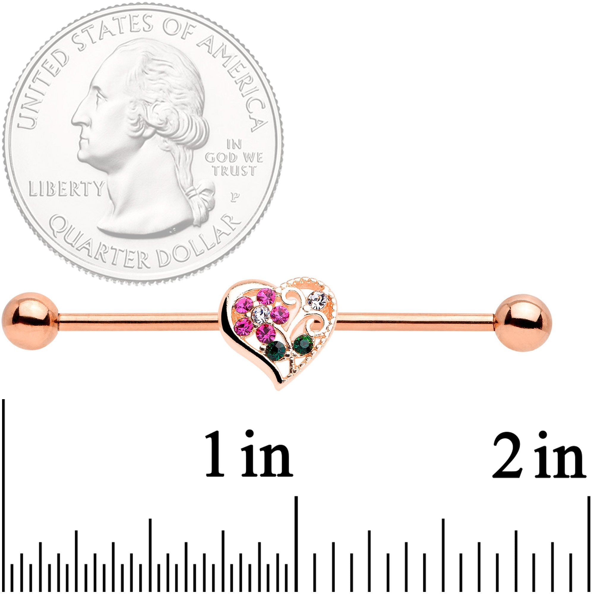 BodyCandy 14G Clear Pink Gem Flower Heart Rose Gold Tone Barbell Industrial — detail close-up