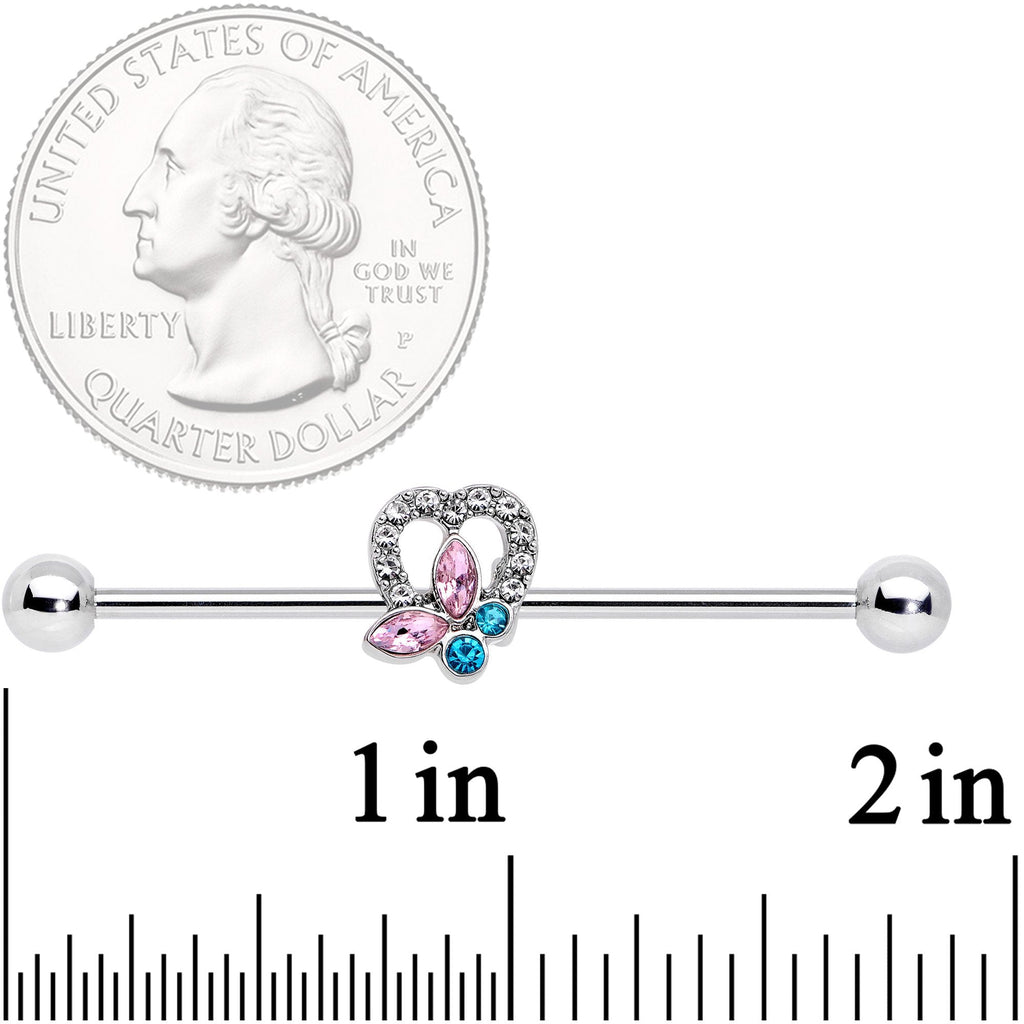 BodyCandy 14G Pink Blue Butterfly Heart Industrial Barbell 38mm — detail close-up