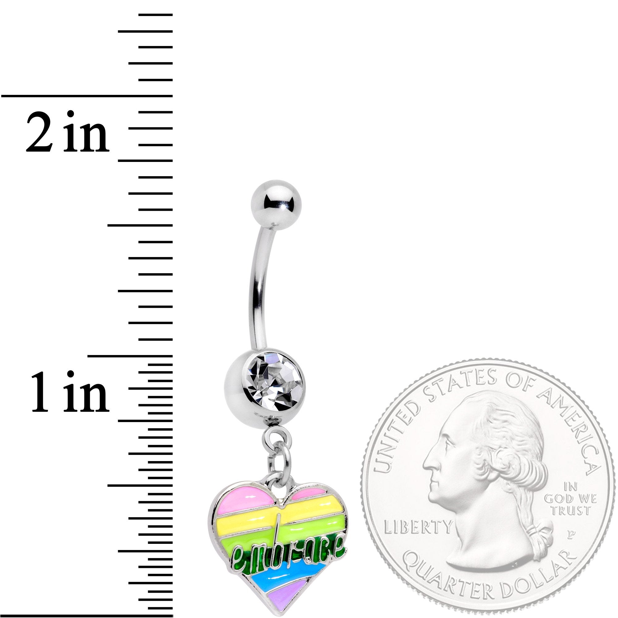 BodyCandy Clear Gem Embrace Pastel Rainbow Heart Dangle Belly Ring — detail close-up