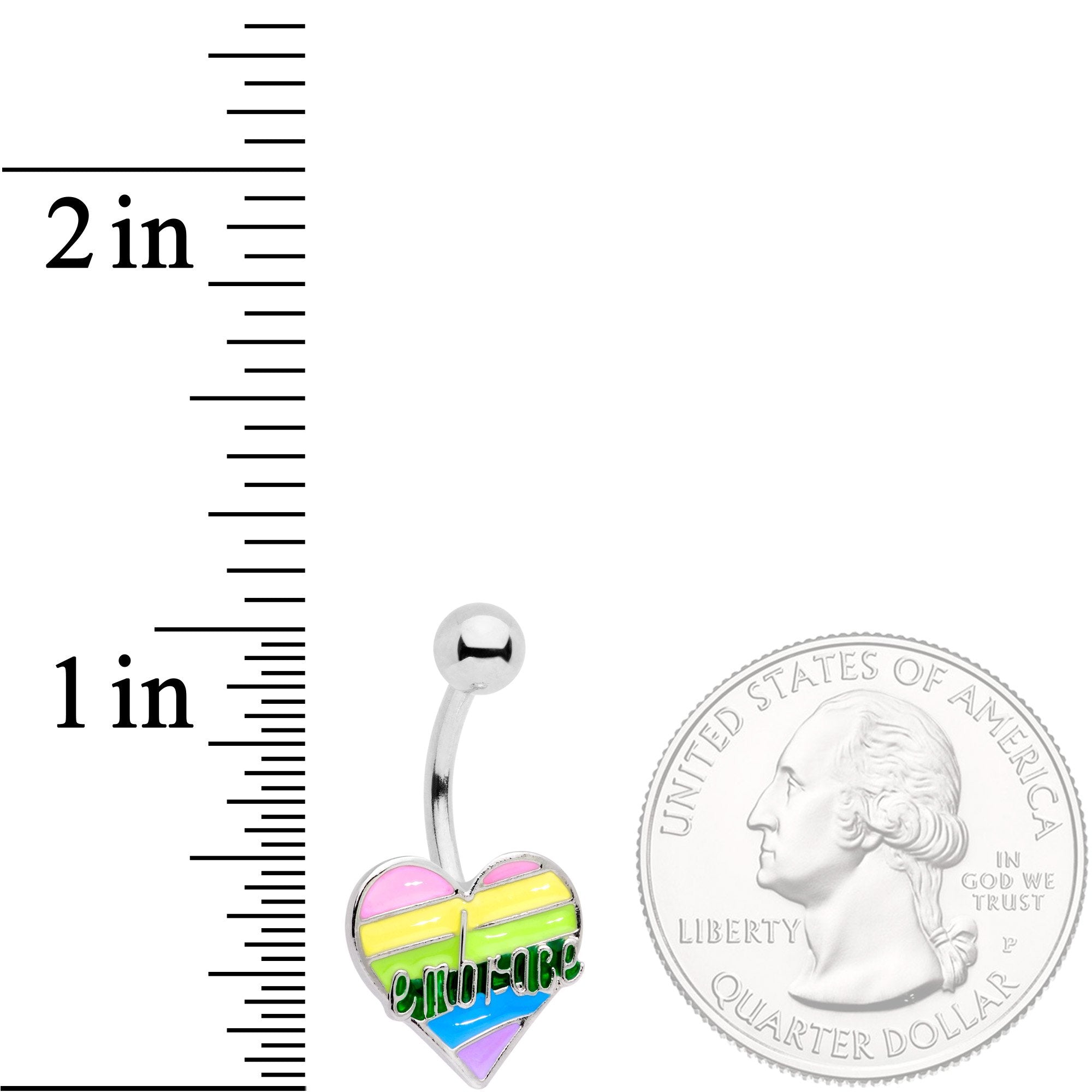 BodyCandy Embrace Pastel Rainbow Heart Dangle Belly Ring — detail close-up