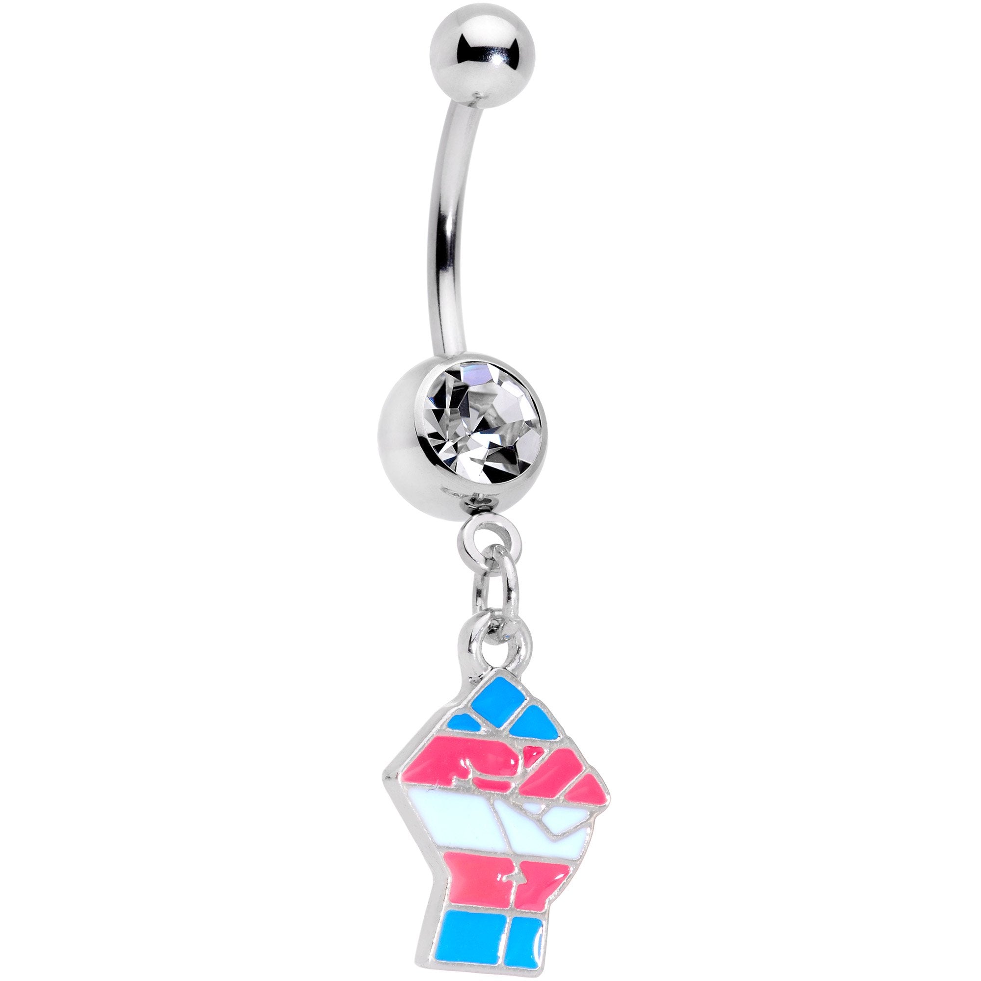 BodyCandy Clear Gem Pink Blue White Transgender Pride Fist Dangle Belly Ring — main product shot