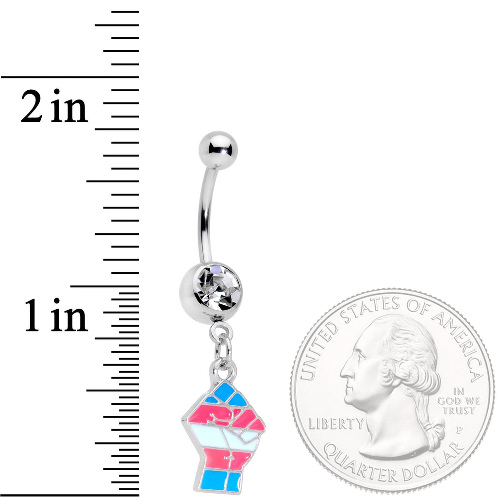 BodyCandy Clear Gem Pink Blue White Transgender Pride Fist Dangle Belly Ring — detail close-up