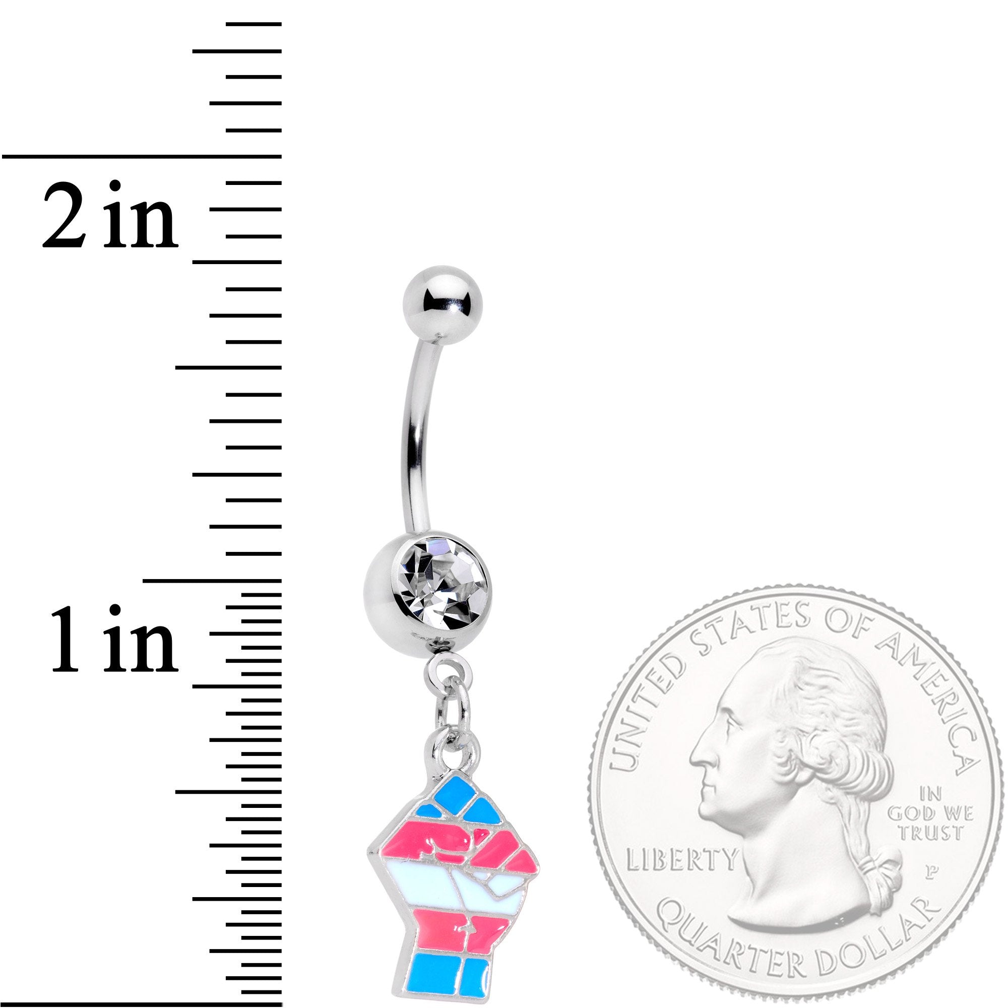 BodyCandy Clear Gem Pink Blue White Transgender Pride Fist Dangle Belly Ring — detail close-up
