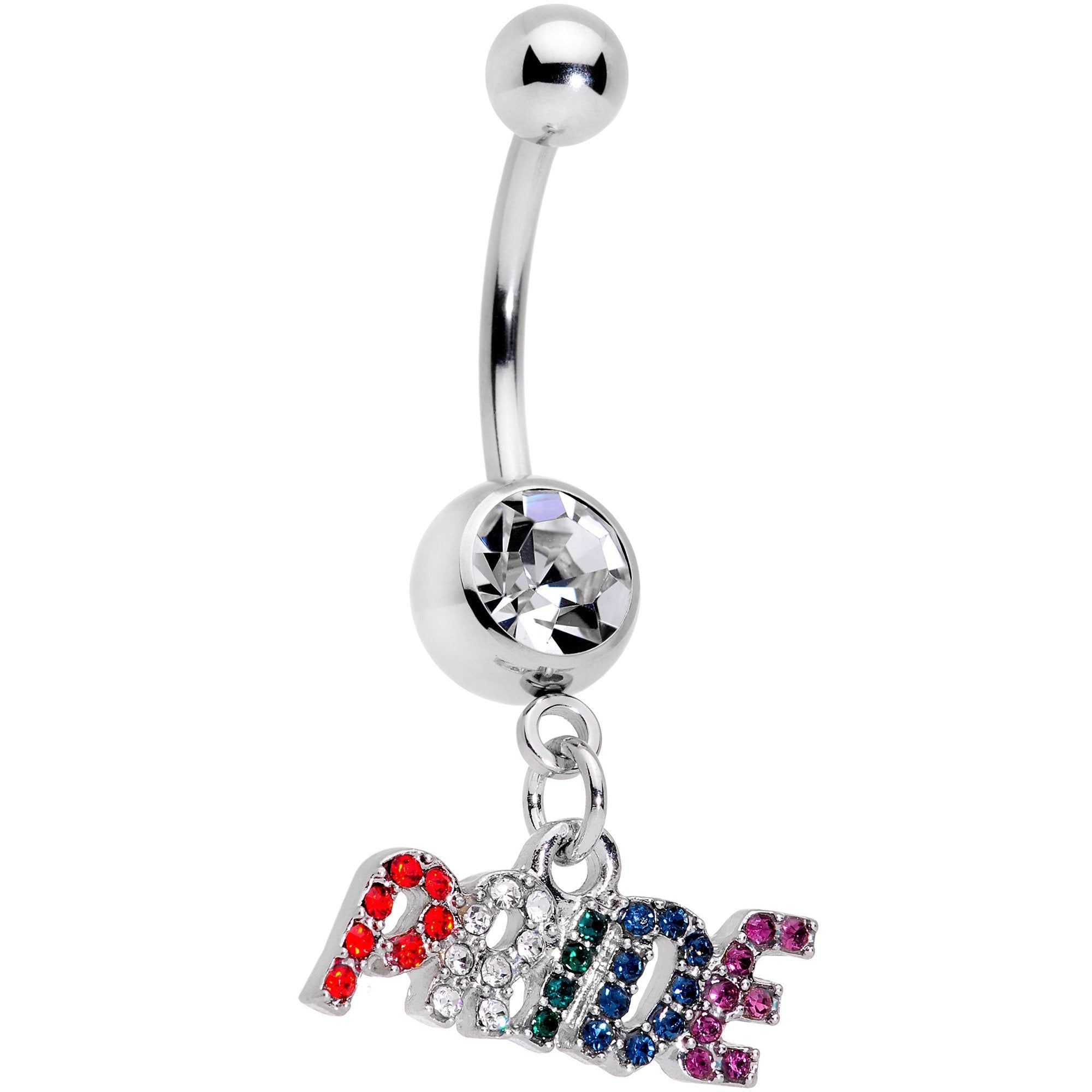 BodyCandy Clear Gem Rainbow Gem Text Gay Pride Dangle Belly Ring — main product shot