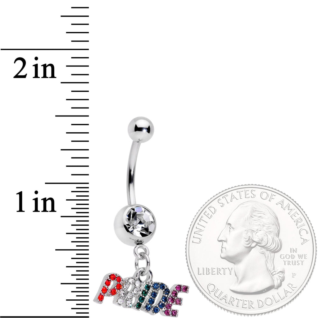 BodyCandy Clear Gem Rainbow Gem Text Gay Pride Dangle Belly Ring — detail close-up