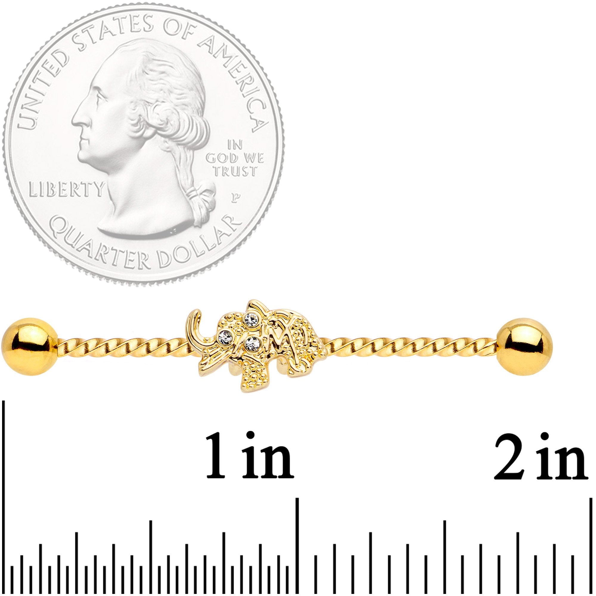 BodyCandy 14G Clear Gem Gold Tone Elephant Industrial Barbell 38mm — detail close-up