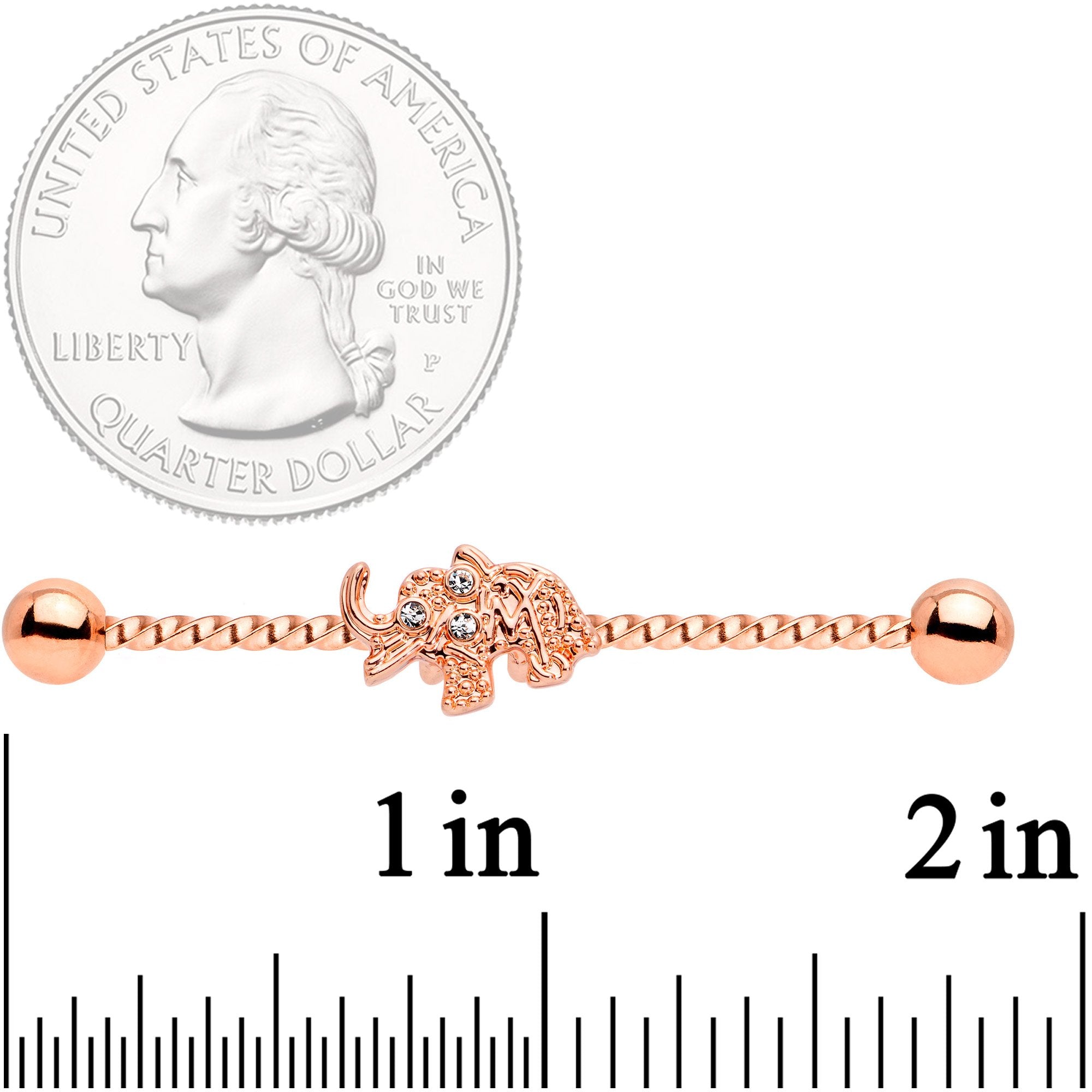 BodyCandy 14G Clear Gem Rose Gold Tone Elephant Industrial Barbell 38mm — detail close-up