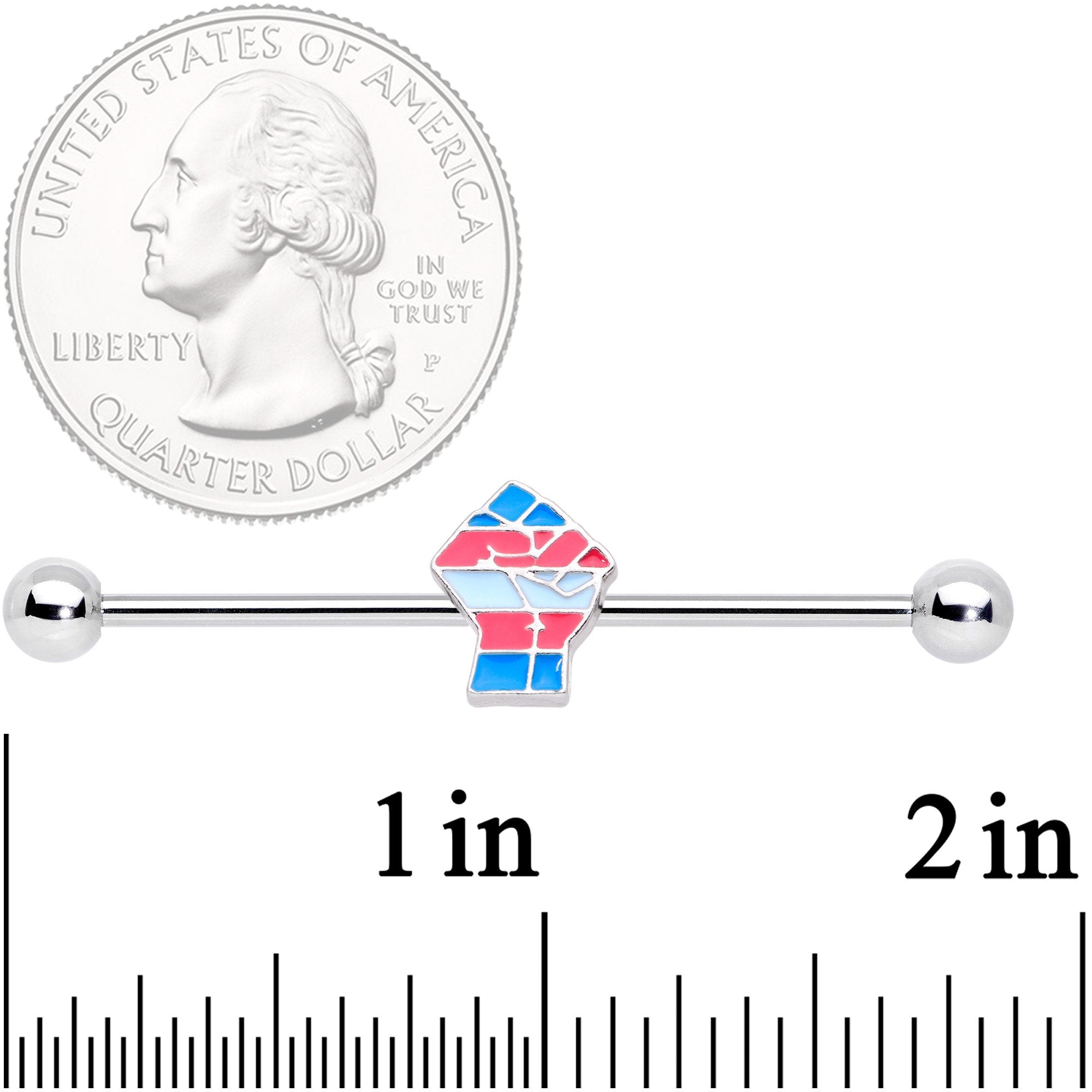 BodyCandy 14G Pink Blue Transgender Pride Fist Barbell Industrial 38mm — detail close-up