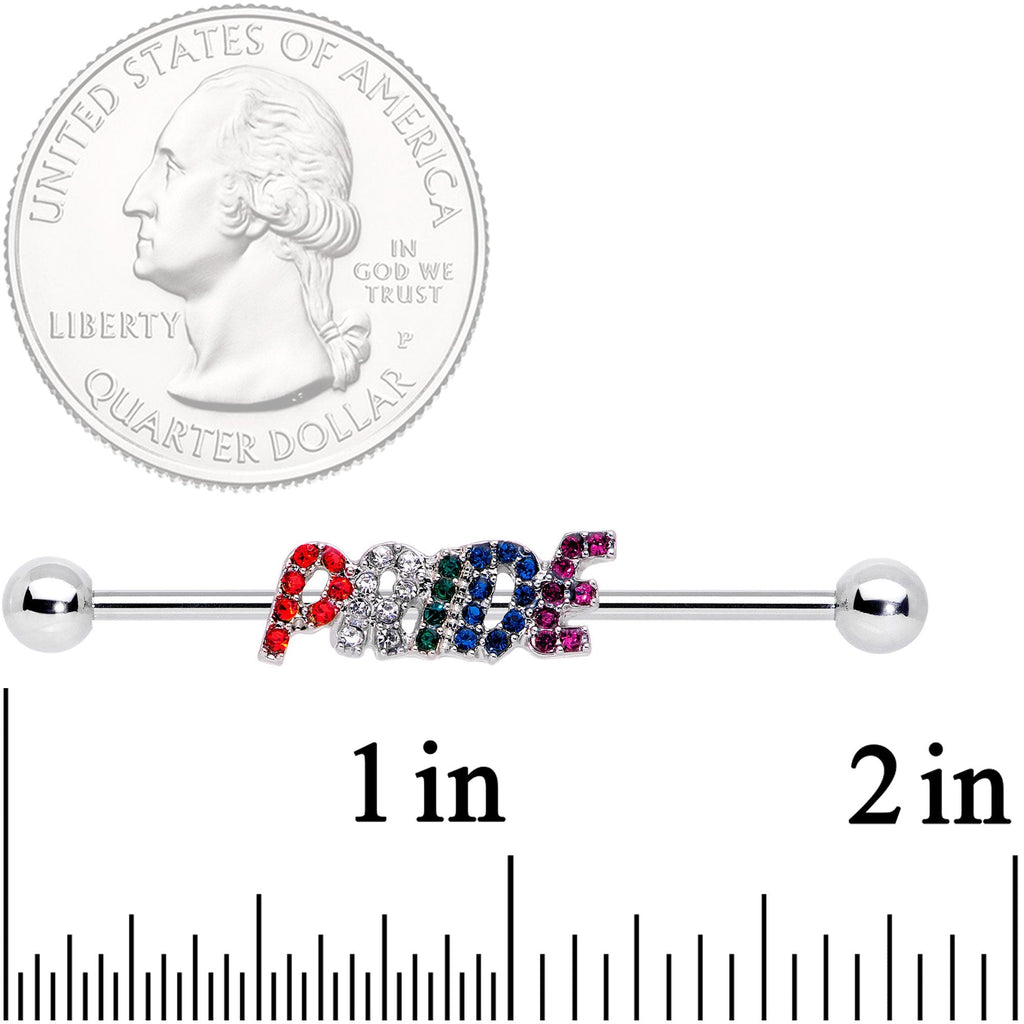BodyCandy 14G Rainbow Gem Text Gay Pride Barbell Industrial 38mm — detail close-up