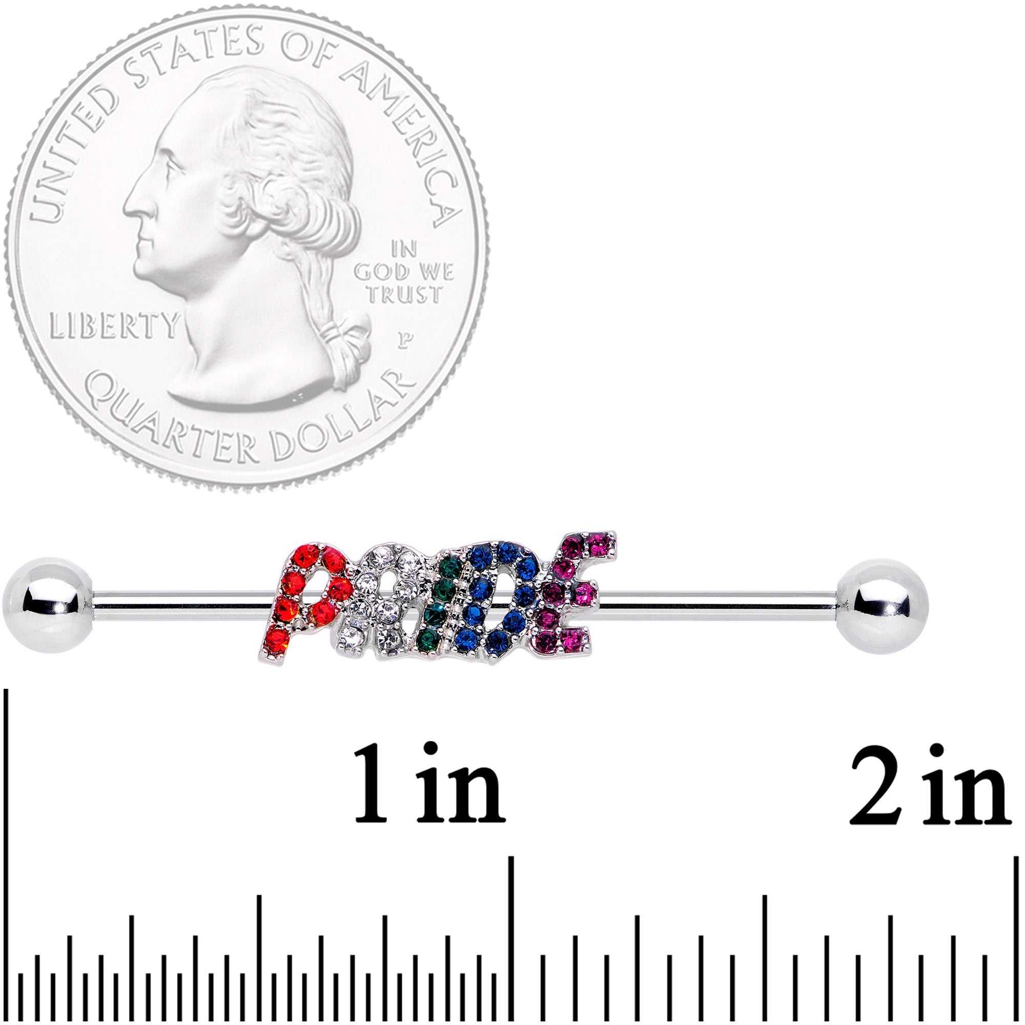 BodyCandy 14G Rainbow Gem Text Gay Pride Barbell Industrial 38mm — detail close-up