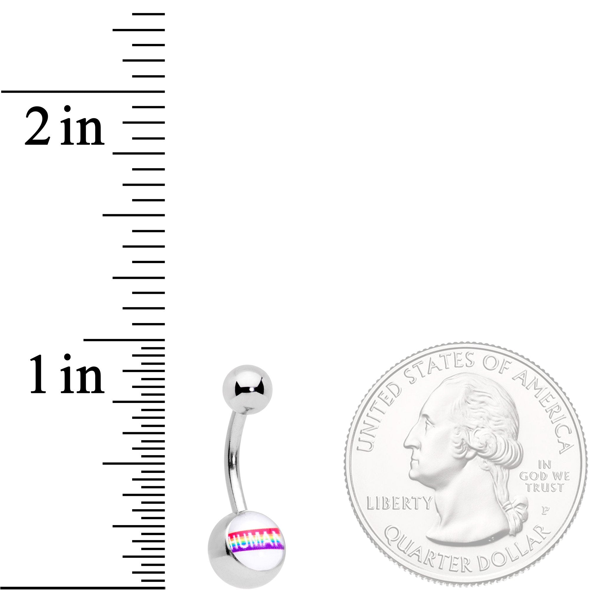 BodyCandy Rainbow Text Human Pride Belly Ring — detail close-up