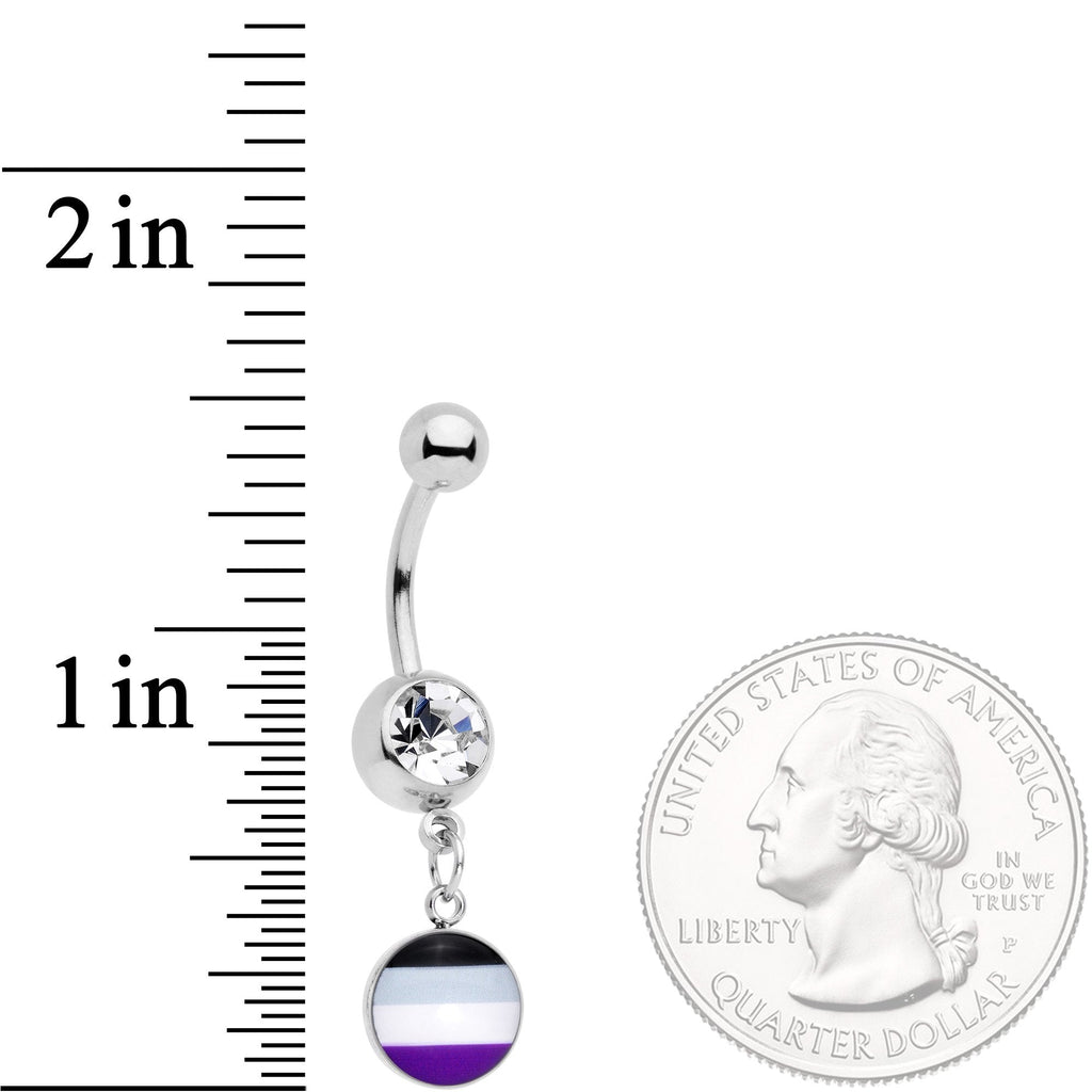 BodyCandy Clear Gem Black Grey White Purple Asexual Pride Flag Dangle Belly Ring — detail close-up