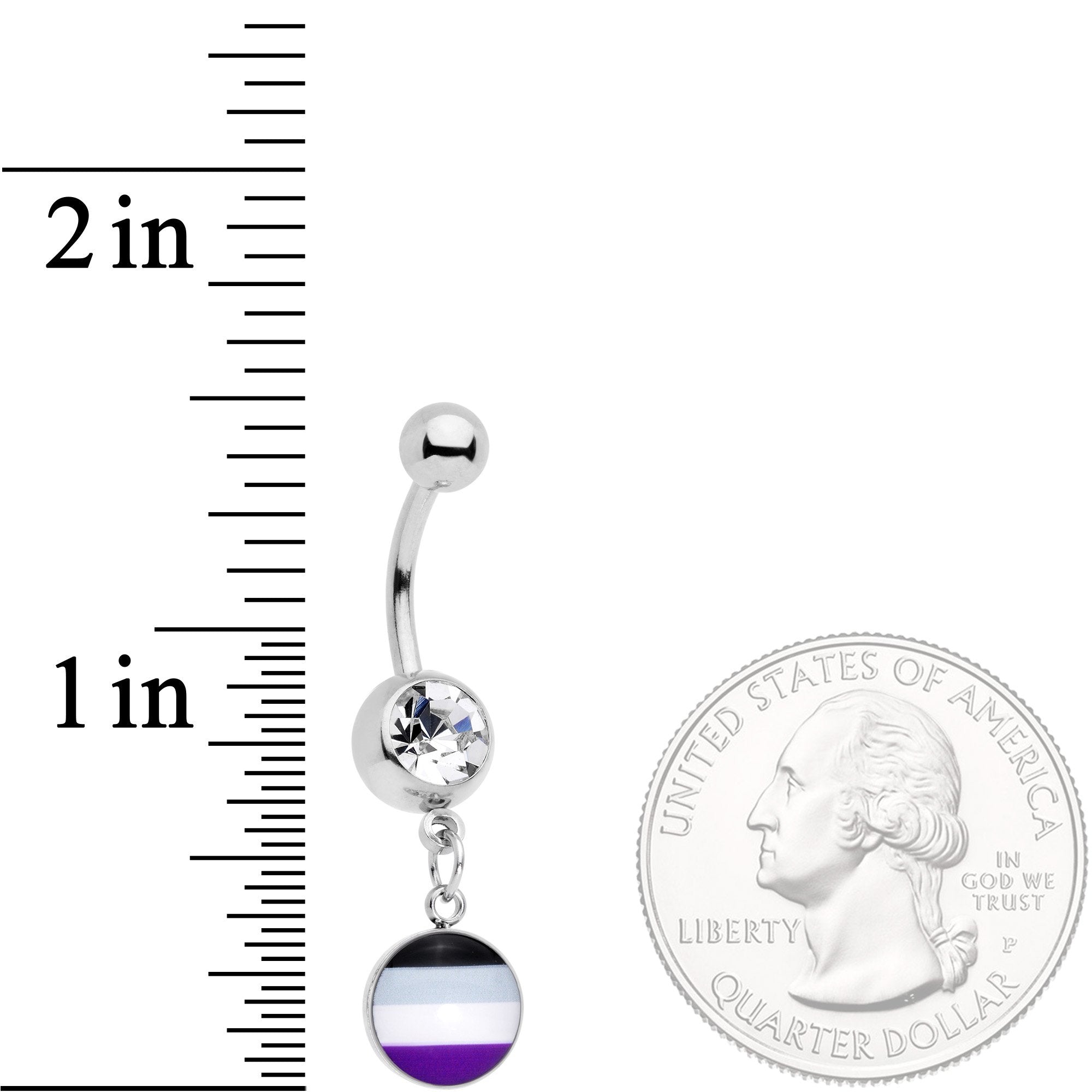 BodyCandy Clear Gem Black Grey White Purple Asexual Pride Flag Dangle Belly Ring — detail close-up