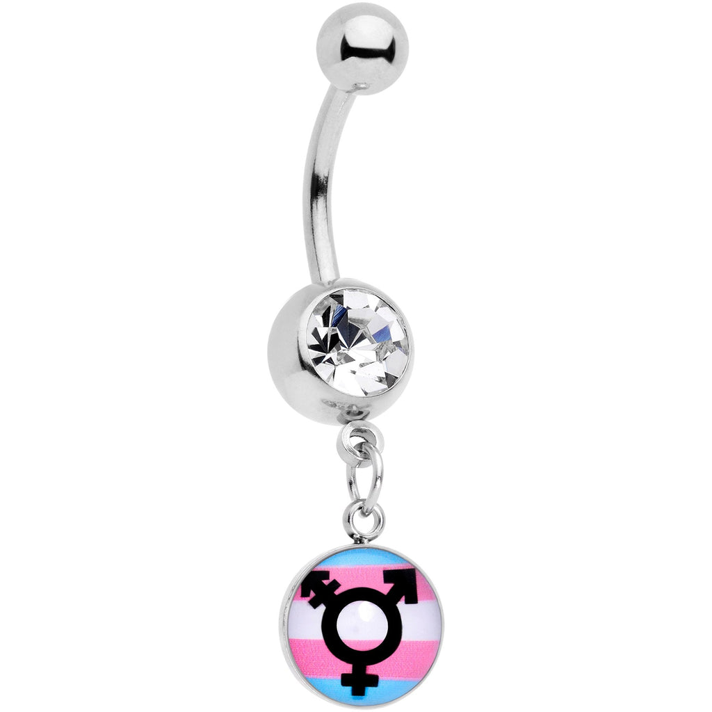 BodyCandy Clear Gem Pink Blue White Transgender Pride Logo Dangle Belly Ring — main product shot