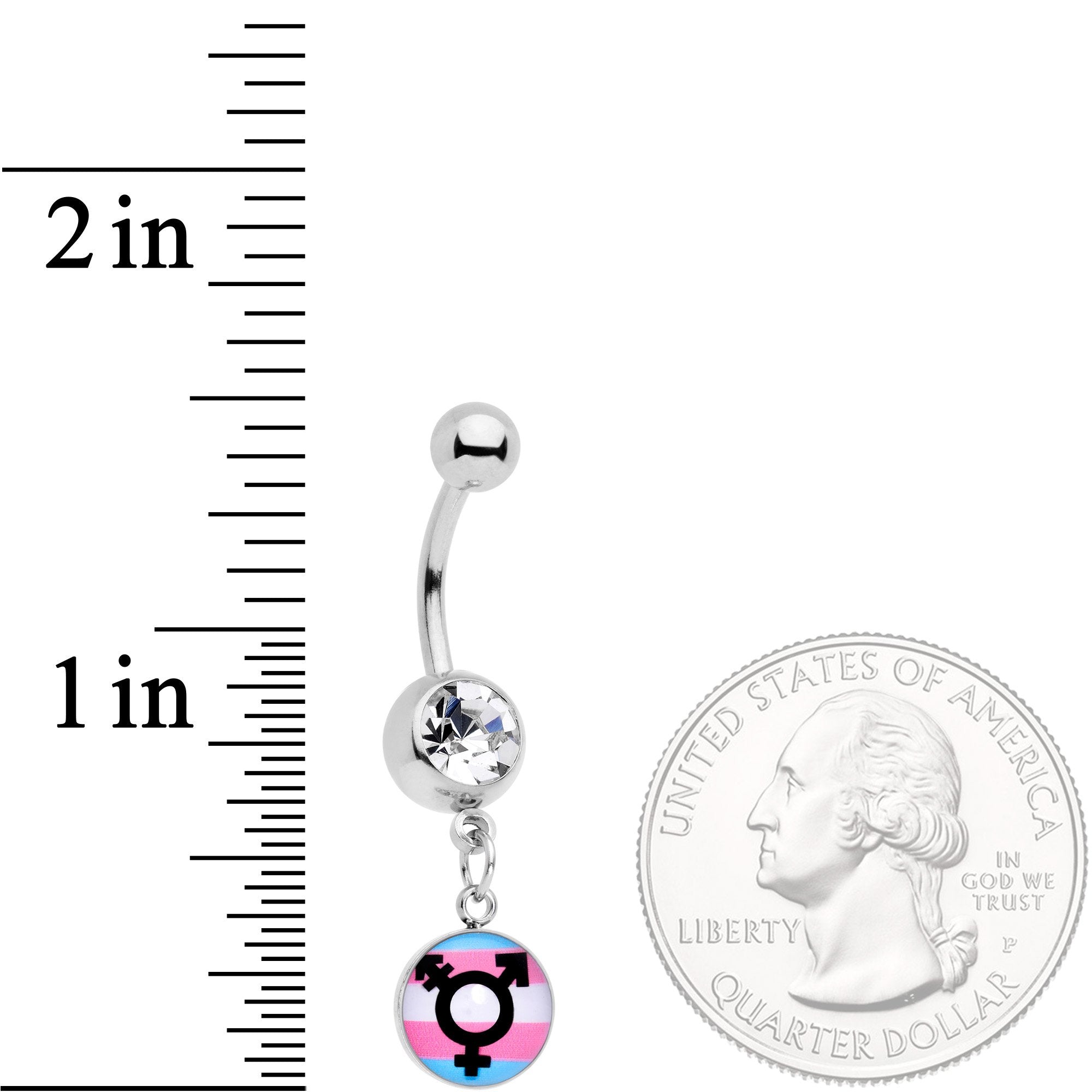 BodyCandy Clear Gem Pink Blue White Transgender Pride Logo Dangle Belly Ring — detail close-up