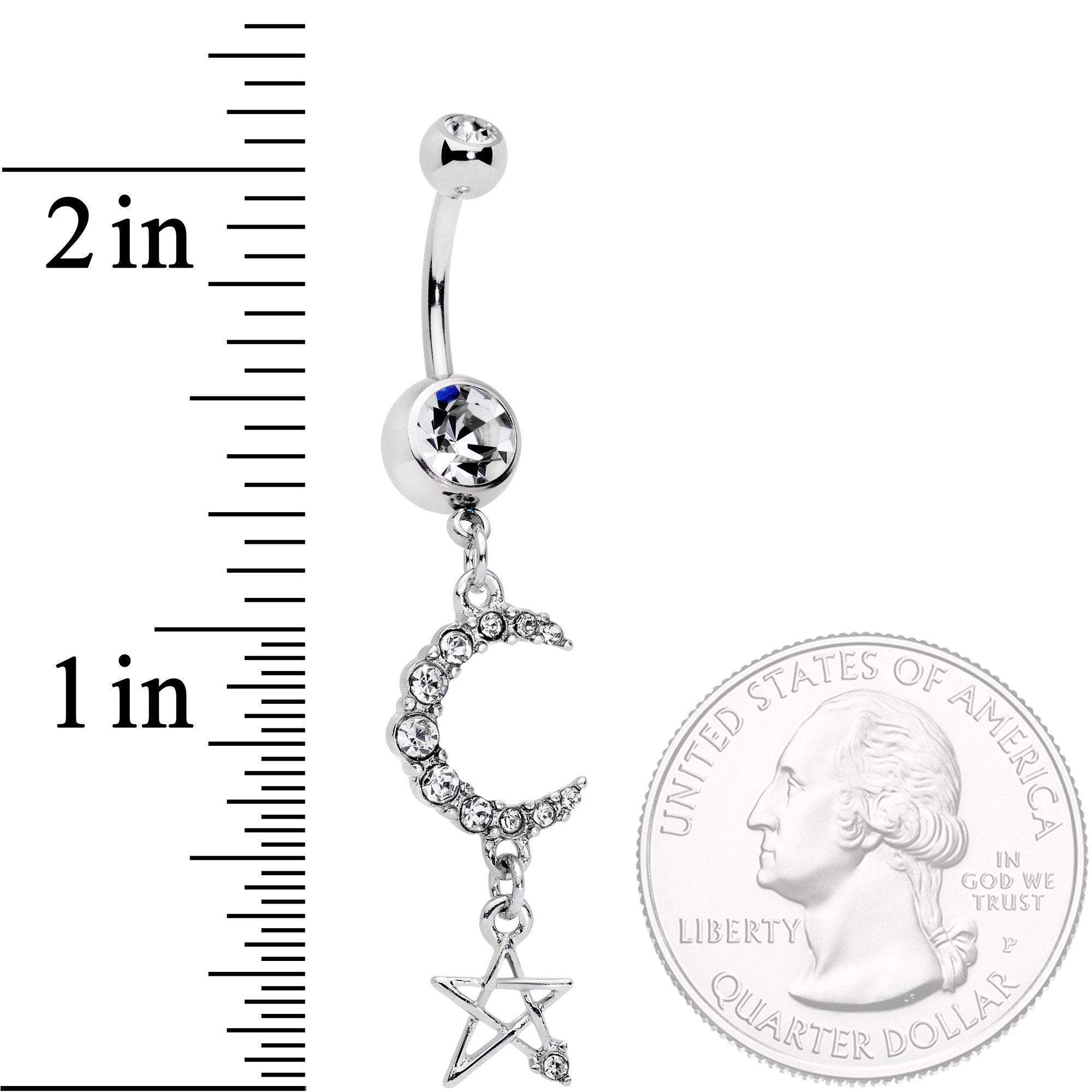 BodyCandy Clear Gem Moonlight Magic Crescent Moon Star Dangle Belly Ring — detail close-up