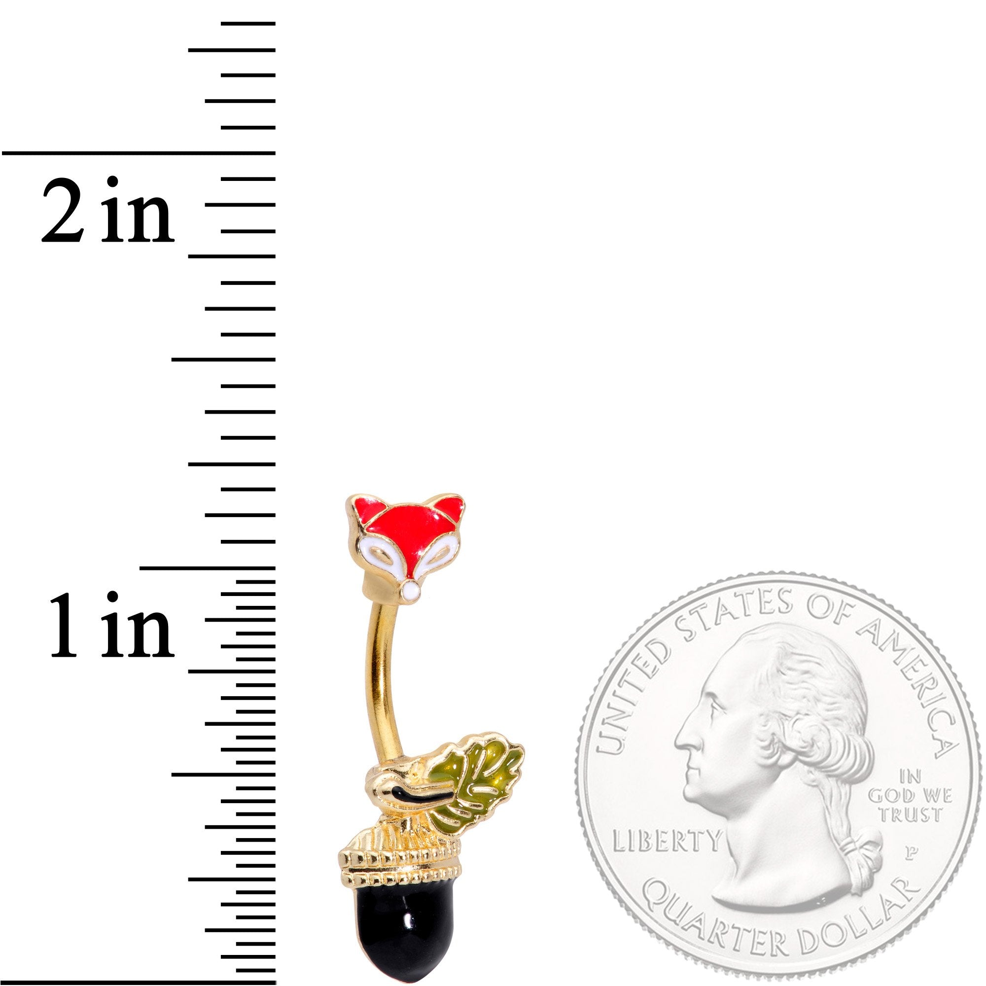 BodyCandy Gold Tone Wilderness Fox and Acorn Double Mount Belly Ring — detail close-up