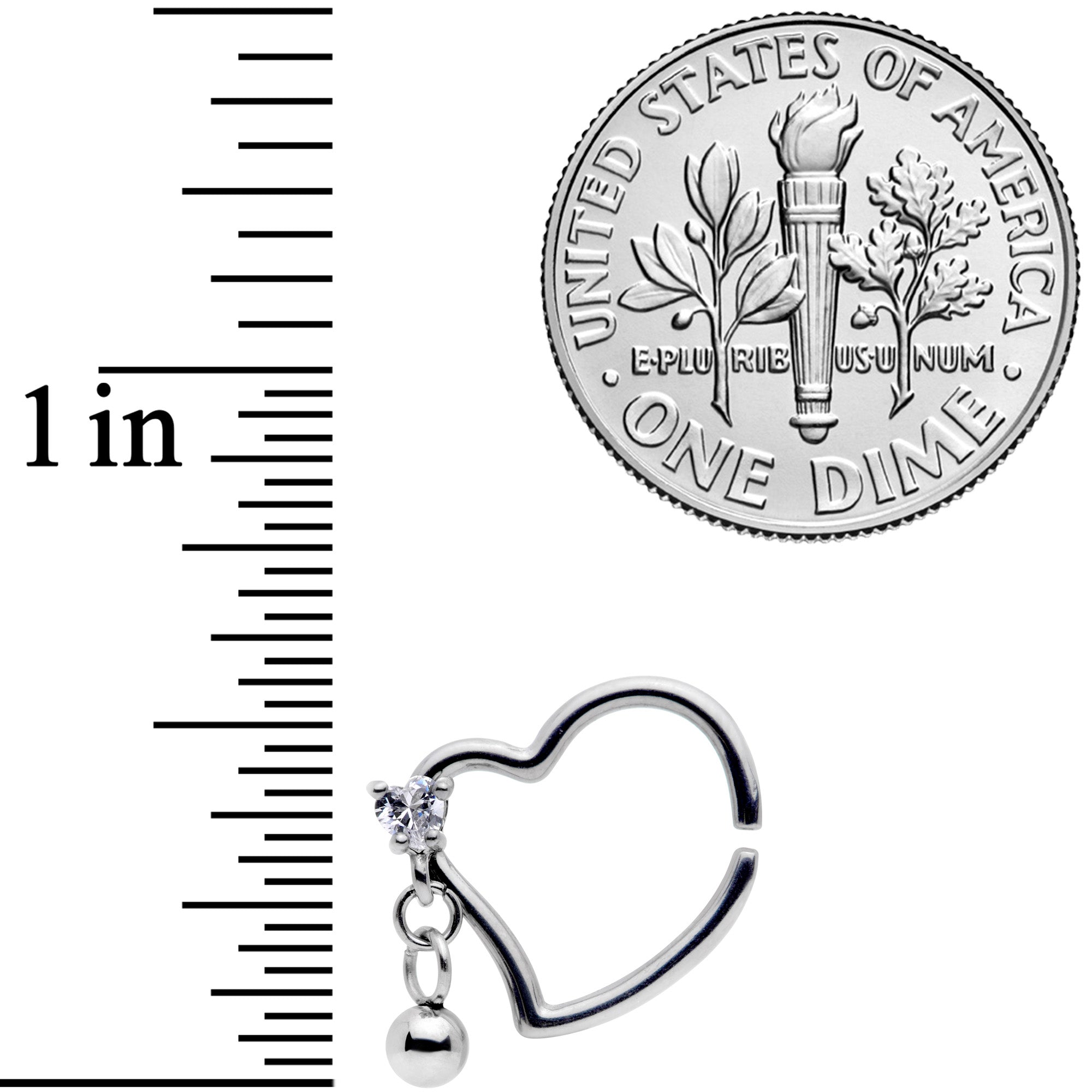 BodyCandy 16G 3/8 Clear CZ Gem Funky Heart Right Dangle Closure Ring — detail close-up