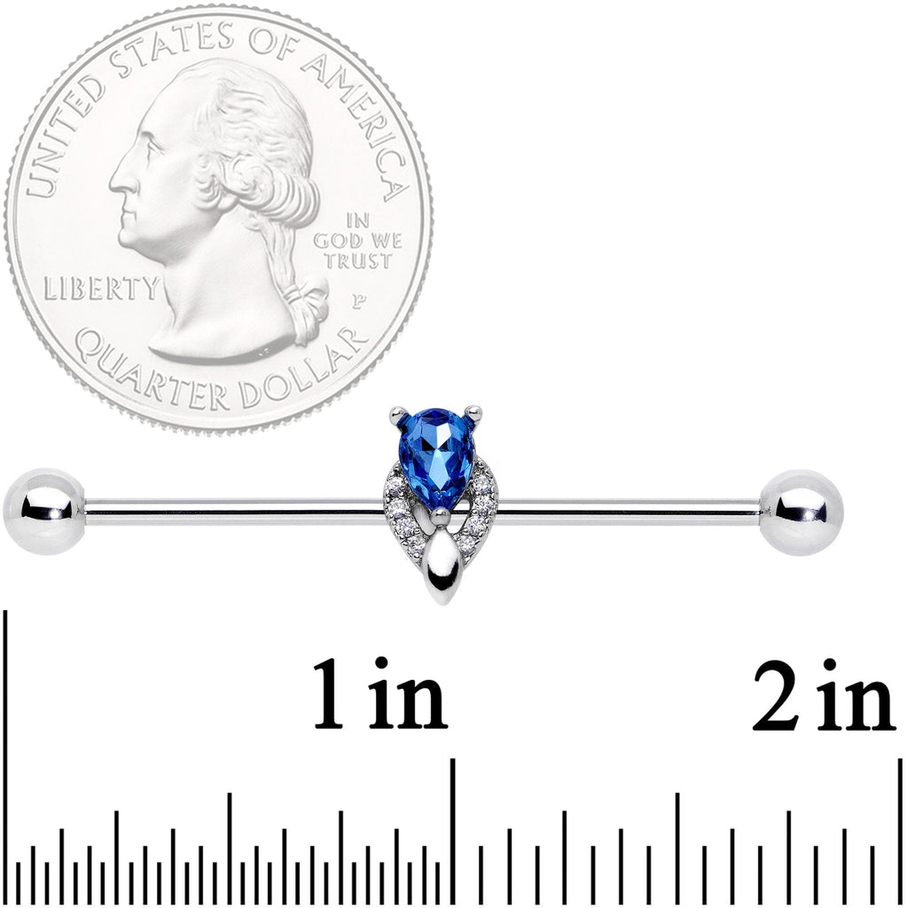 BodyCandy 14G Clear Blue Teardrop Gem Art Deco Industrial Barbell 38mm — detail close-up