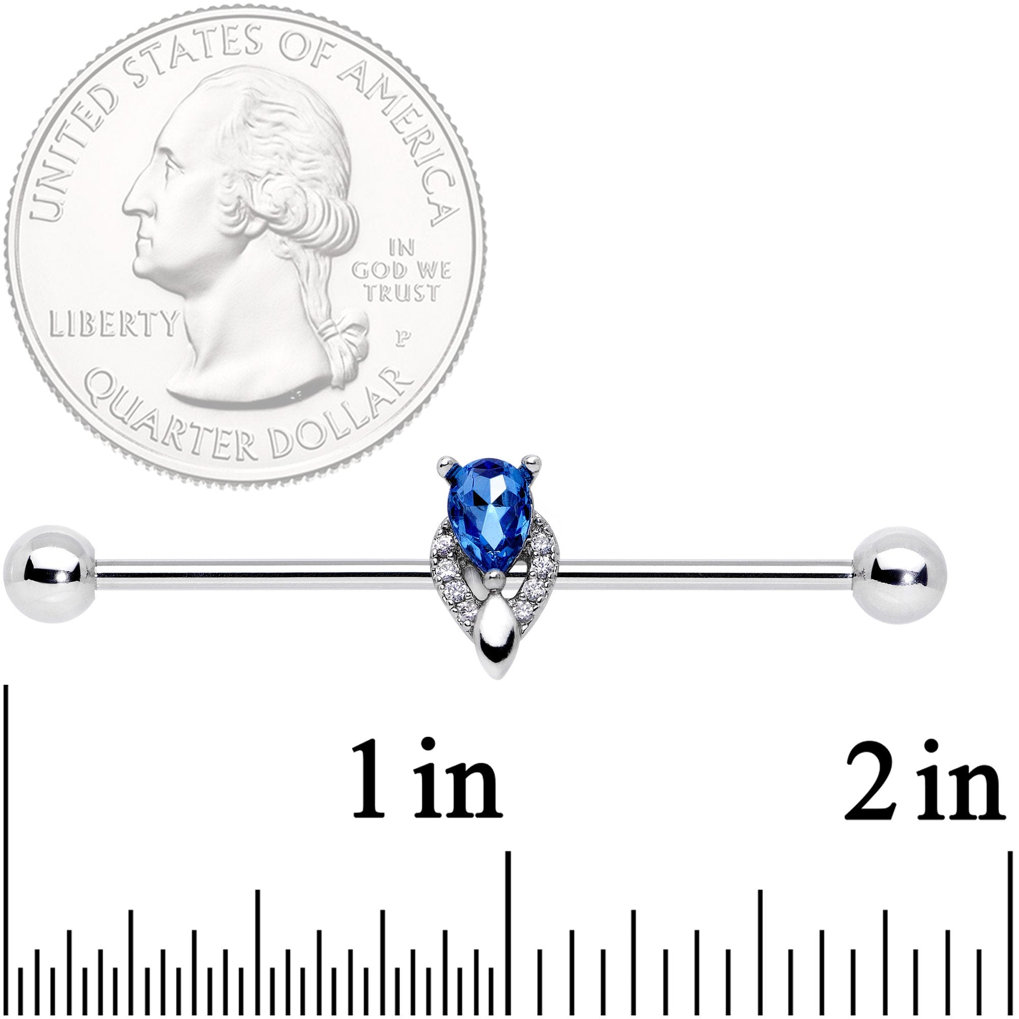 BodyCandy 14G Clear Blue Teardrop Gem Art Deco Industrial Barbell 38mm — detail close-up