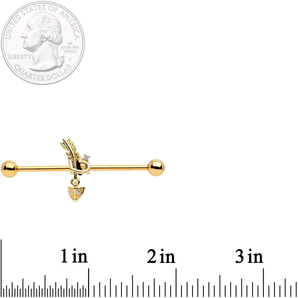 BodyCandy 14G Clear CZ Gem Gold Tone Open Heart Arrow Industrial Barbell — detail close-up