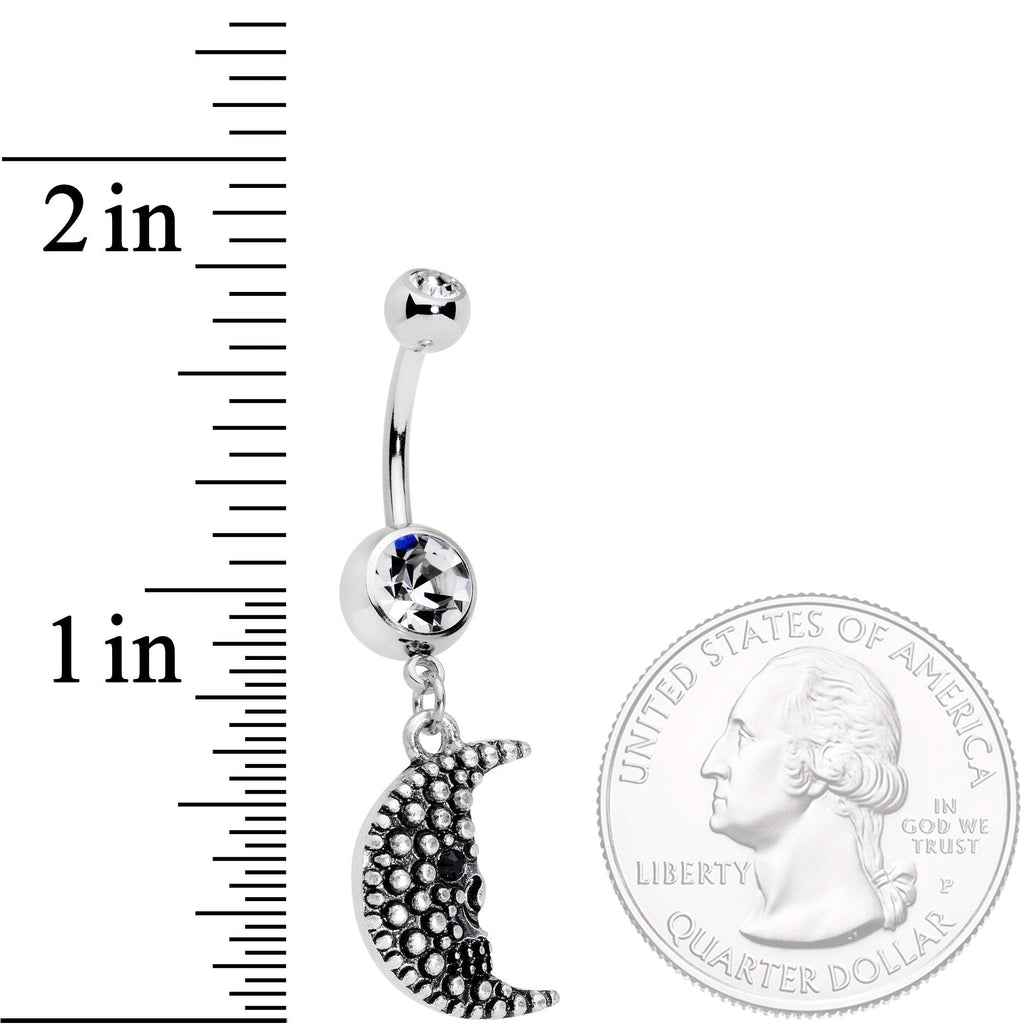 BodyCandy Clear Black Gem Night Skull Crescent Moon Dangle Belly Ring — detail close-up