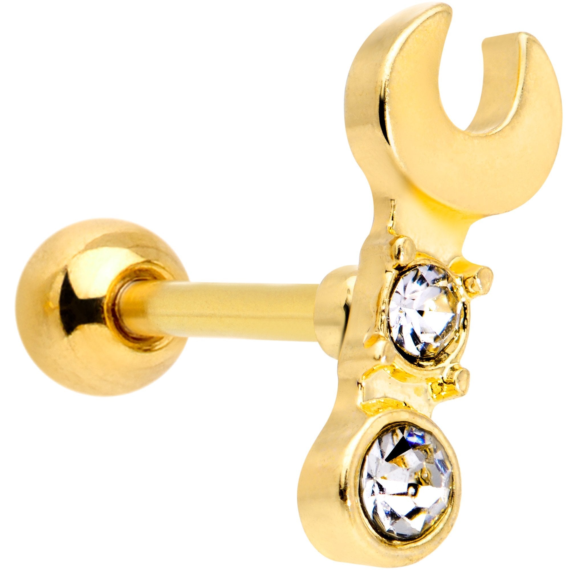 BodyCandy 16G 1/4 Clear CZ Gem Gold Tone Crescent Wrench Cartilage Tragus — main product shot