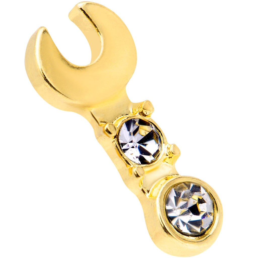 BodyCandy 16G 1/4 Clear CZ Gem Gold Tone Crescent Wrench Cartilage Tragus — detail close-up