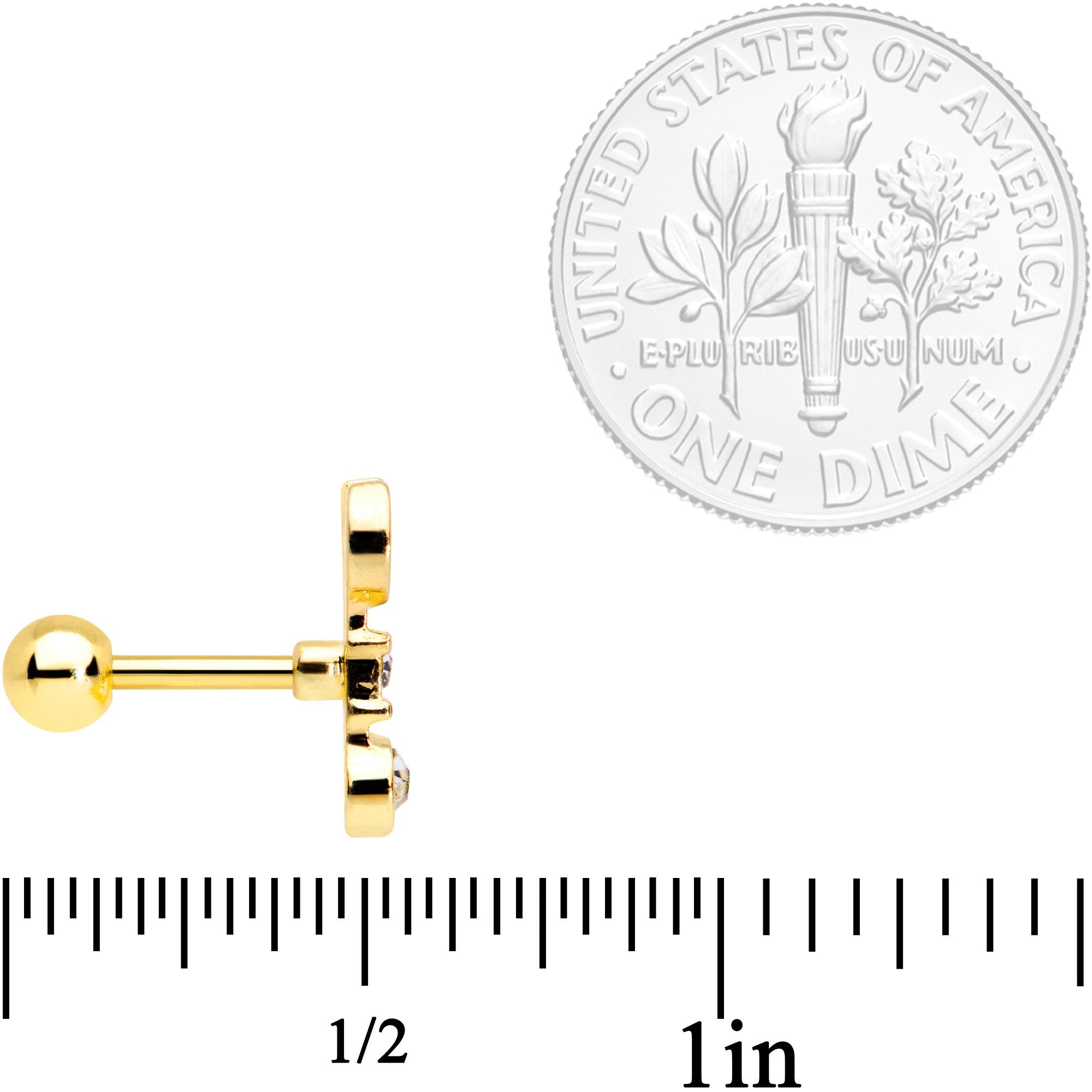 BodyCandy 16G 1/4 Clear CZ Gem Gold Tone Crescent Wrench Cartilage Tragus — side view