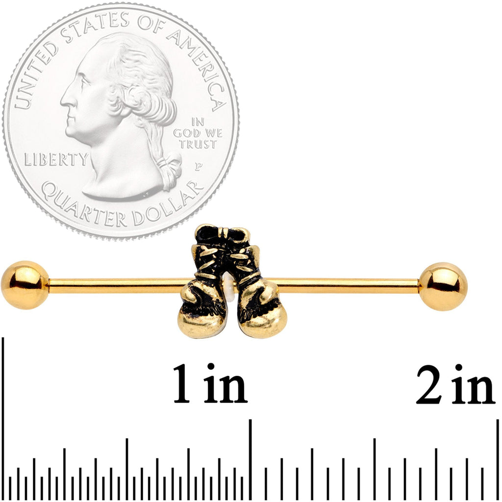 BodyCandy 14G Gold Tone Boxing Gloves Industrial Barbell 38mm — detail close-up