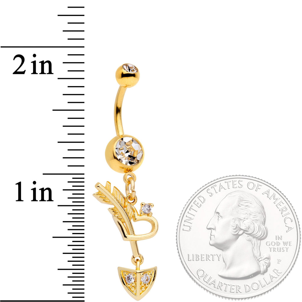 BodyCandy Clear CZ Gem Gold Tone Open Heart Arrow Dangle Belly Ring — detail close-up