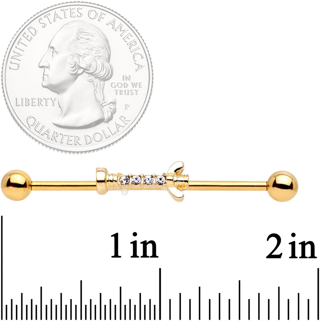 BodyCandy 14G Clear CZ Gem Gold Tone Wing Nut Industrial Barbell 38mm — detail close-up