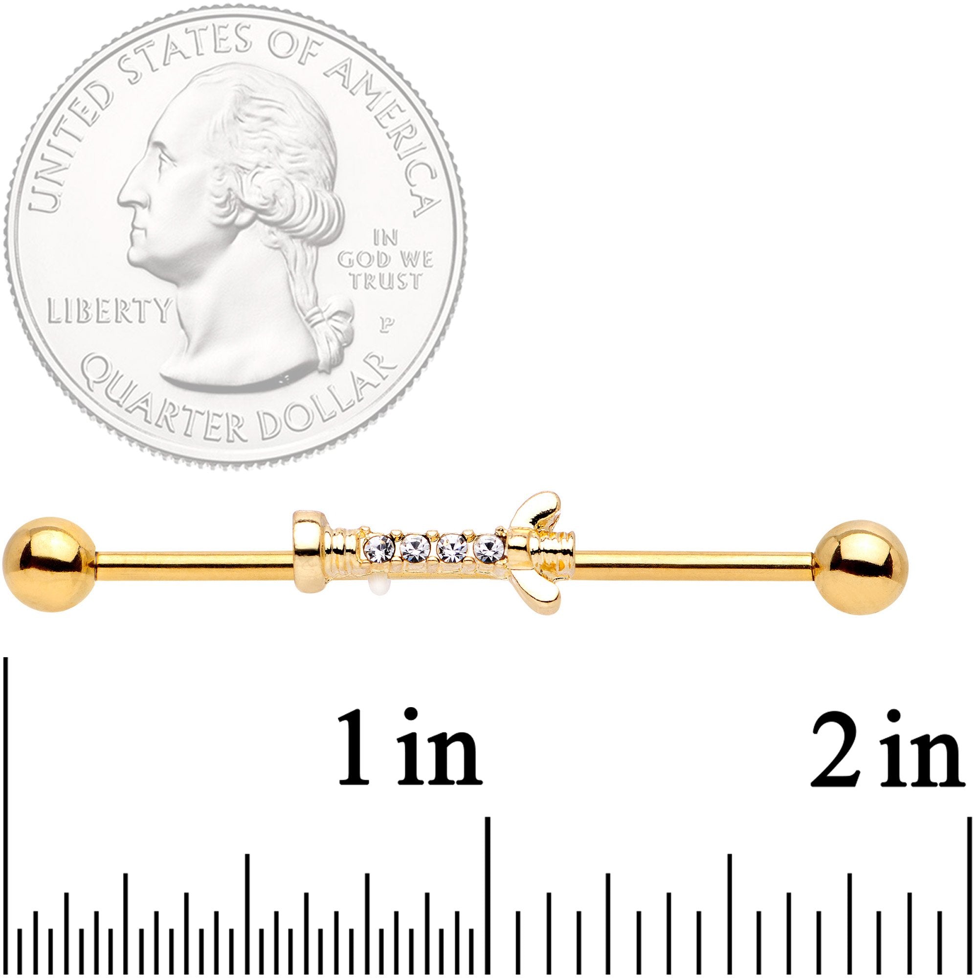 BodyCandy 14G Clear CZ Gem Gold Tone Wing Nut Industrial Barbell 38mm — detail close-up