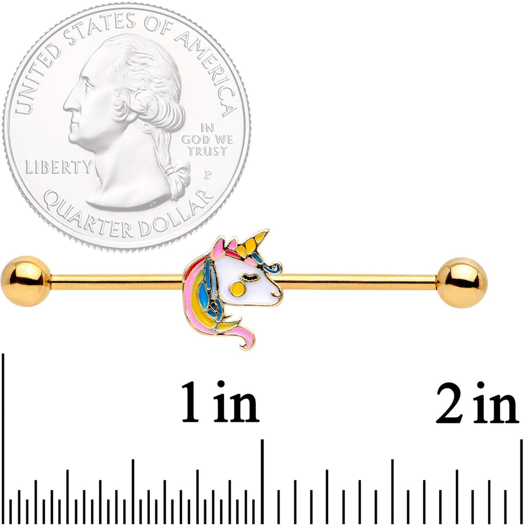 BodyCandy 14G Gold Tone Pastel Unicorn Industrial Barbell 38mm — detail close-up