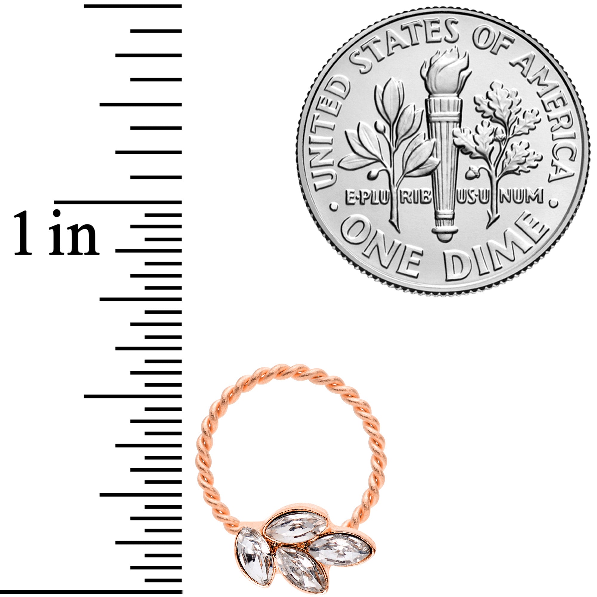 BodyCandy 16G 3/8 Clear Gem Rose Gold Tone Leaves Twisted BCR Captive Ring — detail close-up