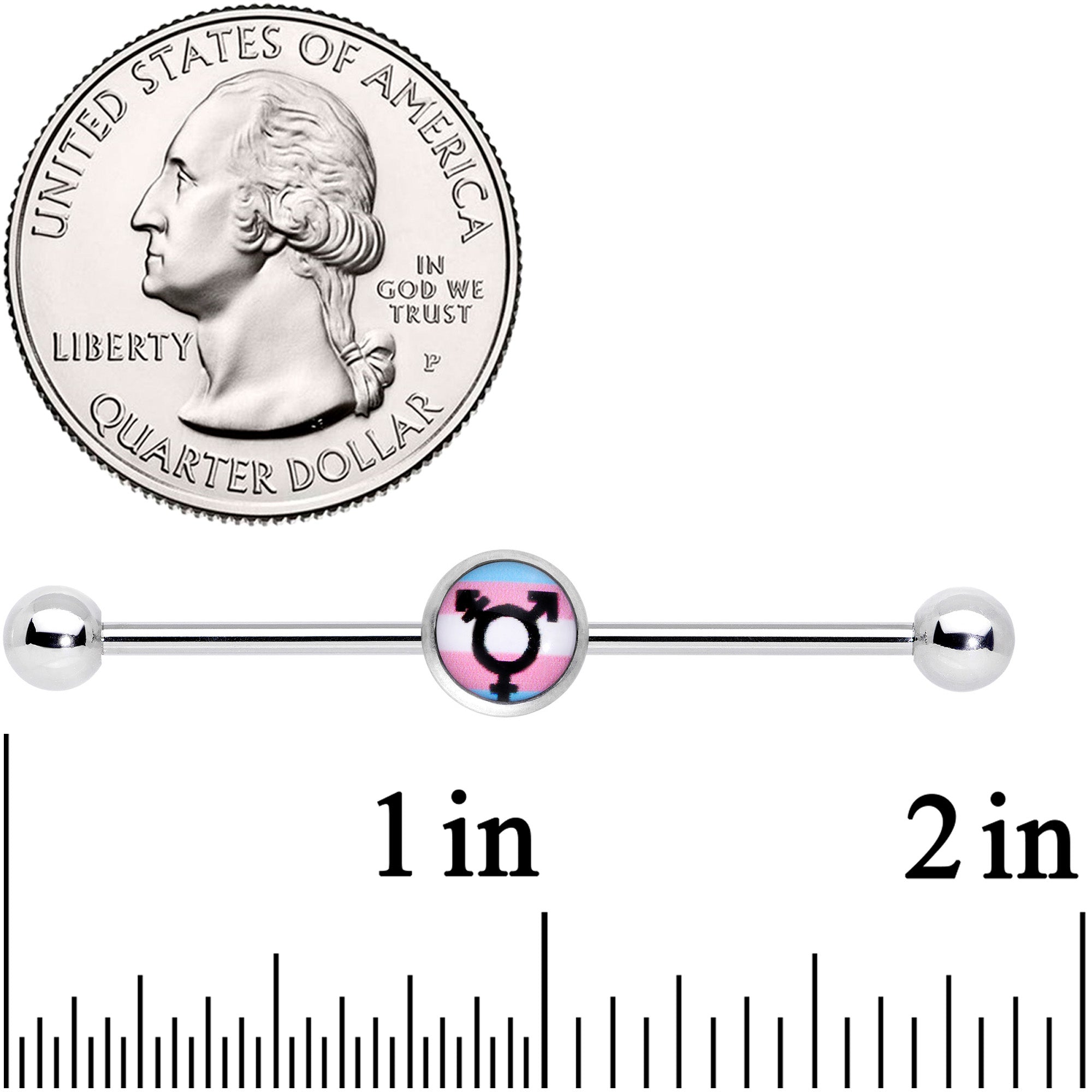BodyCandy 14G Transgender Pride Logo Industrial Barbell 38mm — detail close-up