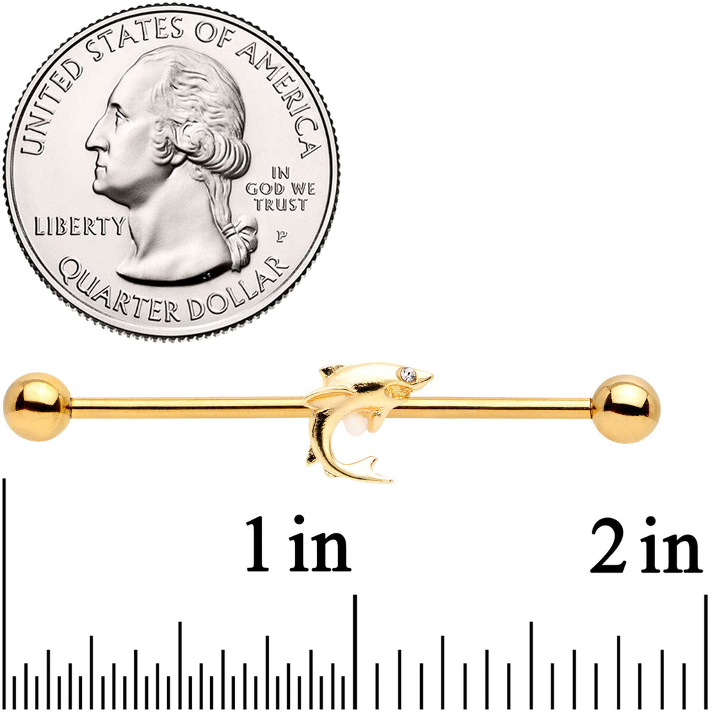 BodyCandy 14G Clear Gem Gold Tone Toothy Shark Industrial Barbell 38mm — detail close-up