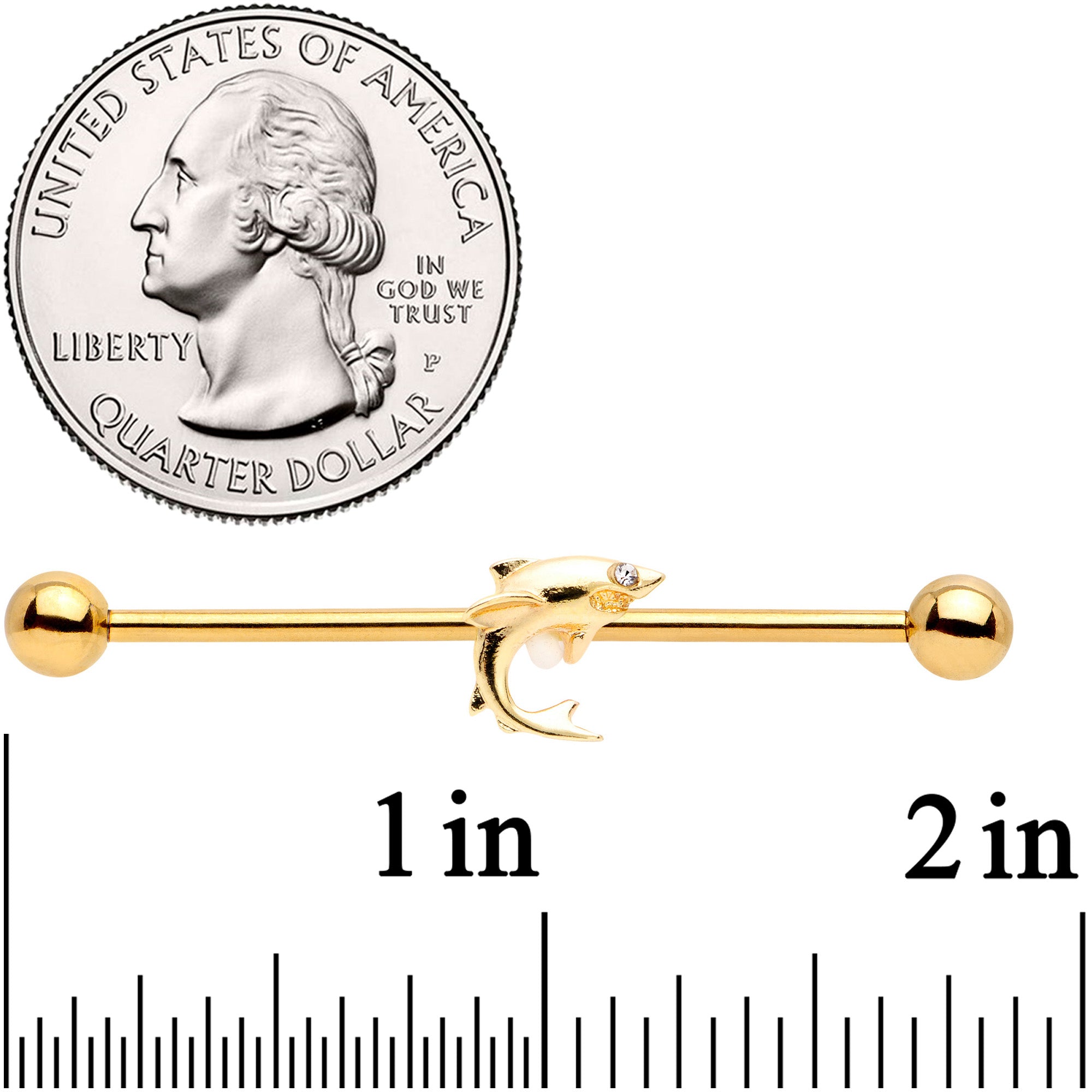 BodyCandy 14G Clear Gem Gold Tone Toothy Shark Industrial Barbell 38mm — detail close-up