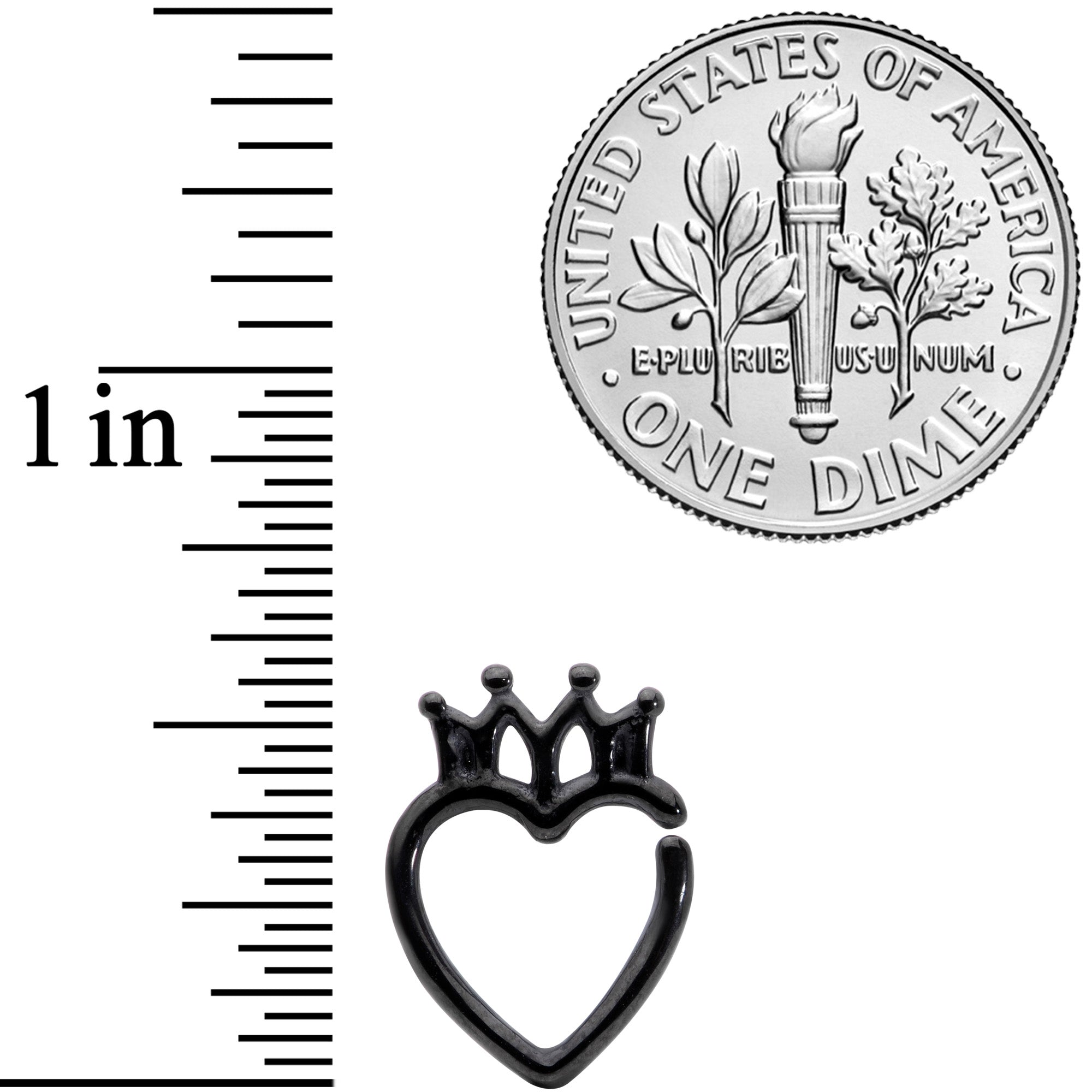 BodyCandy 16G 5/16 Black Royal Crown Heart Right Ear Closure Ring — detail close-up