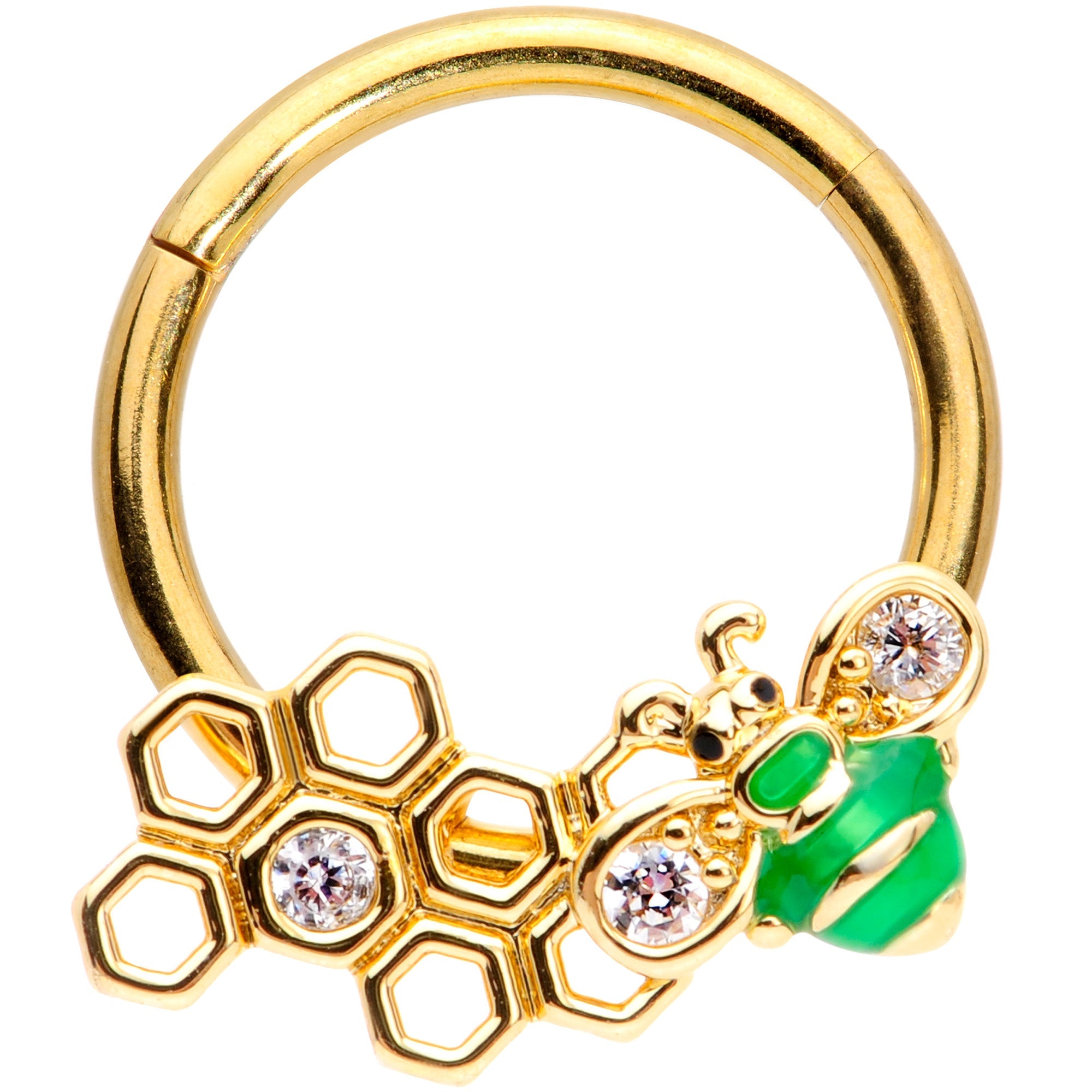 BodyCandy 16G 3/8 Clear Gem Gold Tone Green Bee Hinged Segment Ring — main product shot