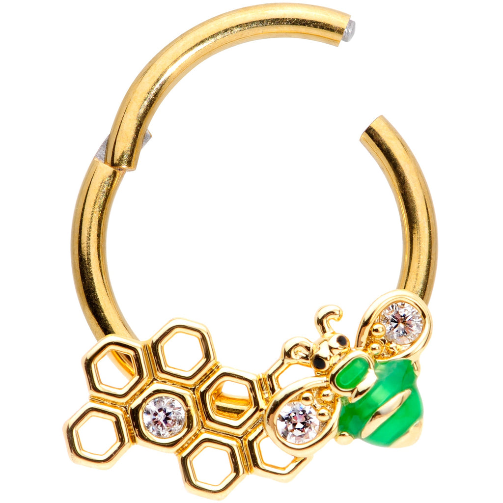 BodyCandy 16G 3/8 Clear Gem Gold Tone Green Bee Hinged Segment Ring — detail close-up