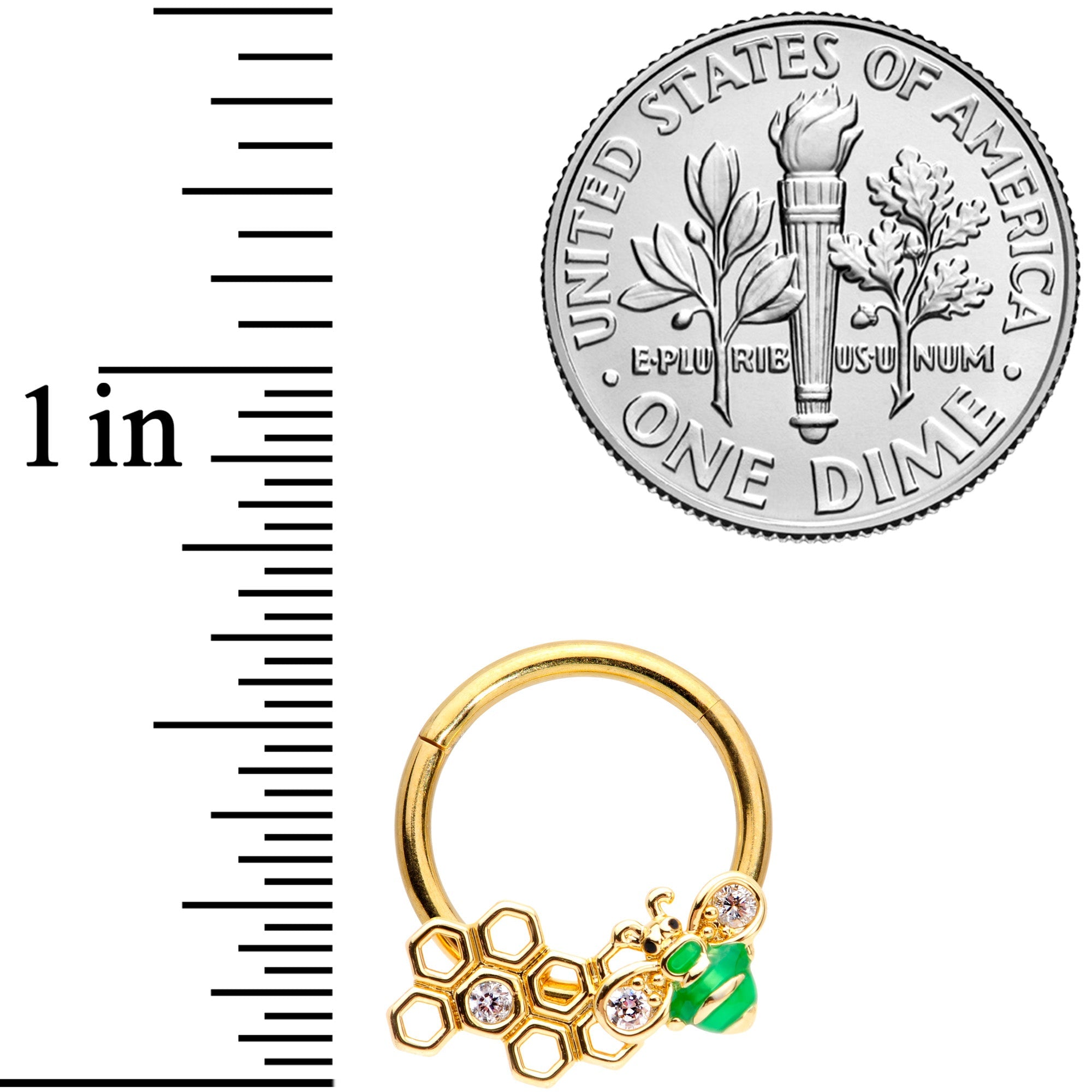 BodyCandy 16G 3/8 Clear Gem Gold Tone Green Bee Hinged Segment Ring — lifestyle context