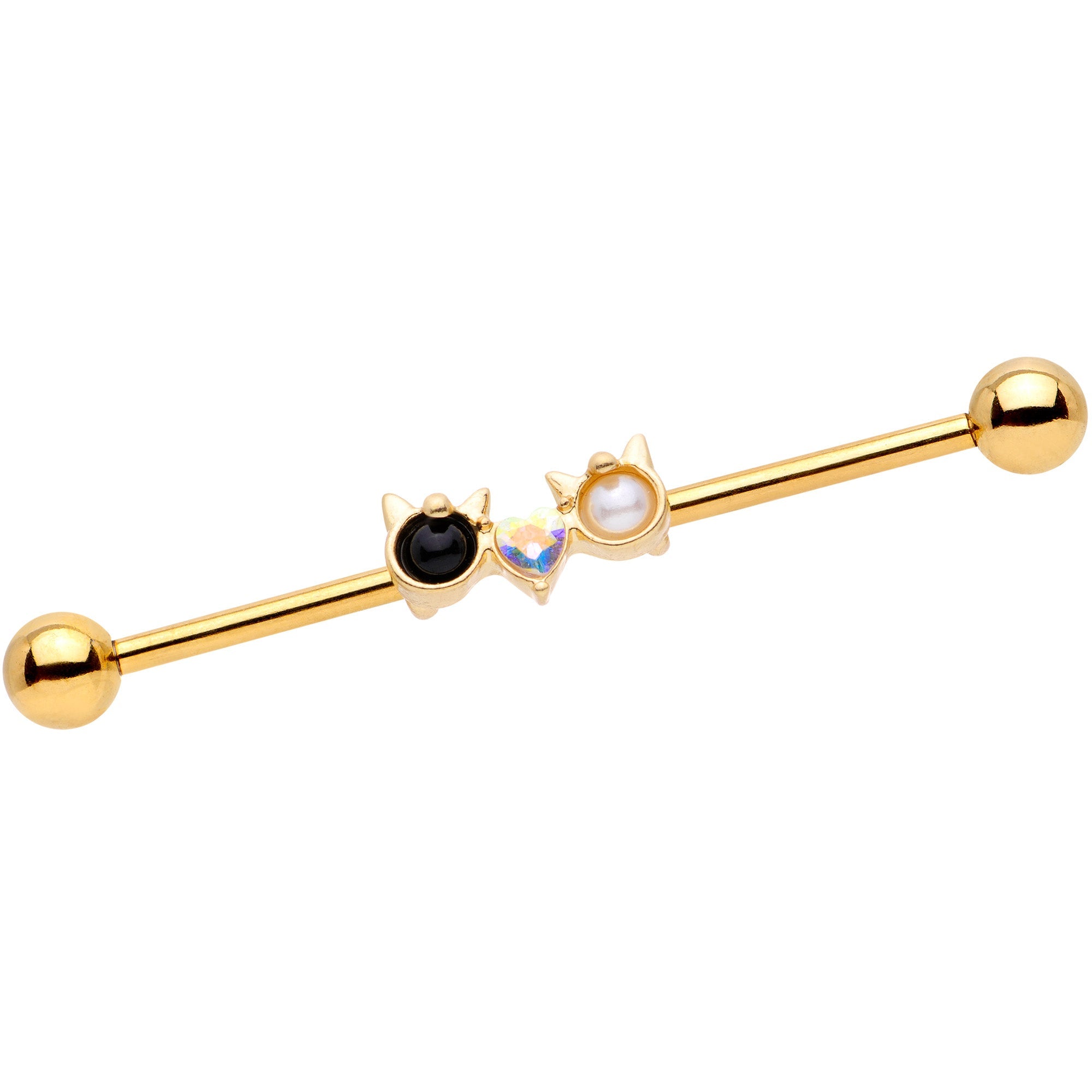 BodyCandy 14G Black White CZ Gem Gold Tone Kitty Cat Luv Industrial Barbell 38mm — main product shot