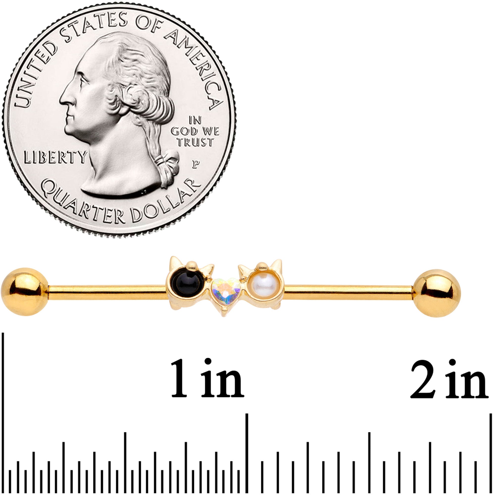 BodyCandy 14G Black White CZ Gem Gold Tone Kitty Cat Luv Industrial Barbell 38mm — lifestyle context