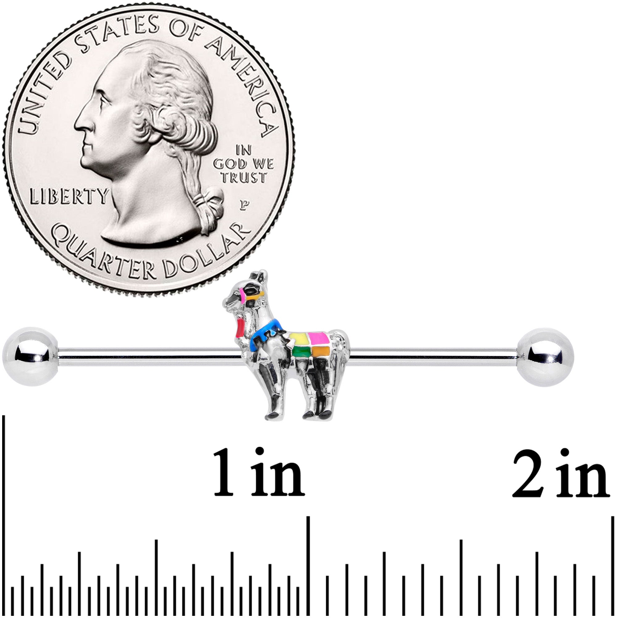 BodyCandy 14G Colorful Drama Llama Industrial Barbell 38mm — detail close-up