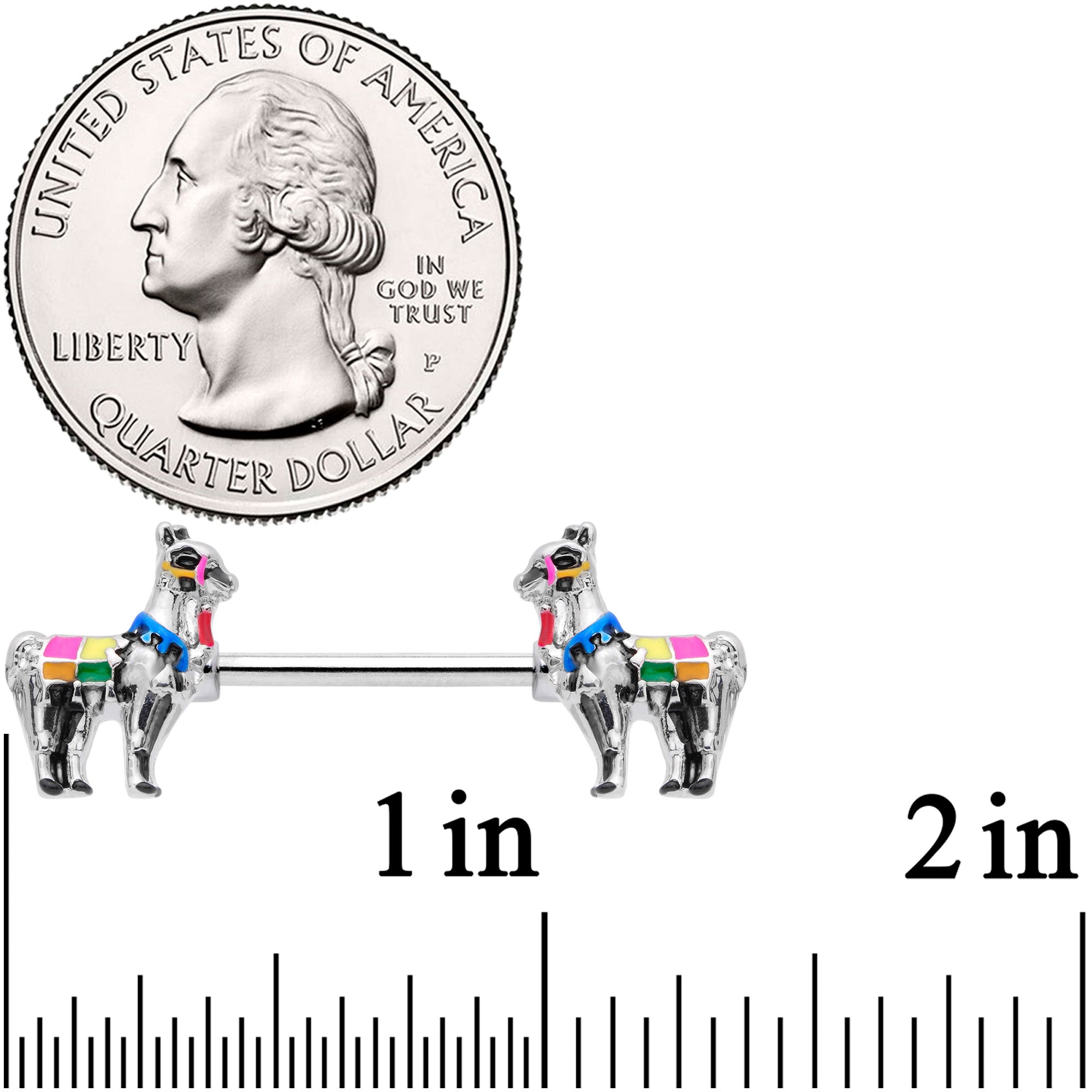 BodyCandy 14G 9/16 Colorful Drama Llama Barbell Nipple Ring Set — detail close-up