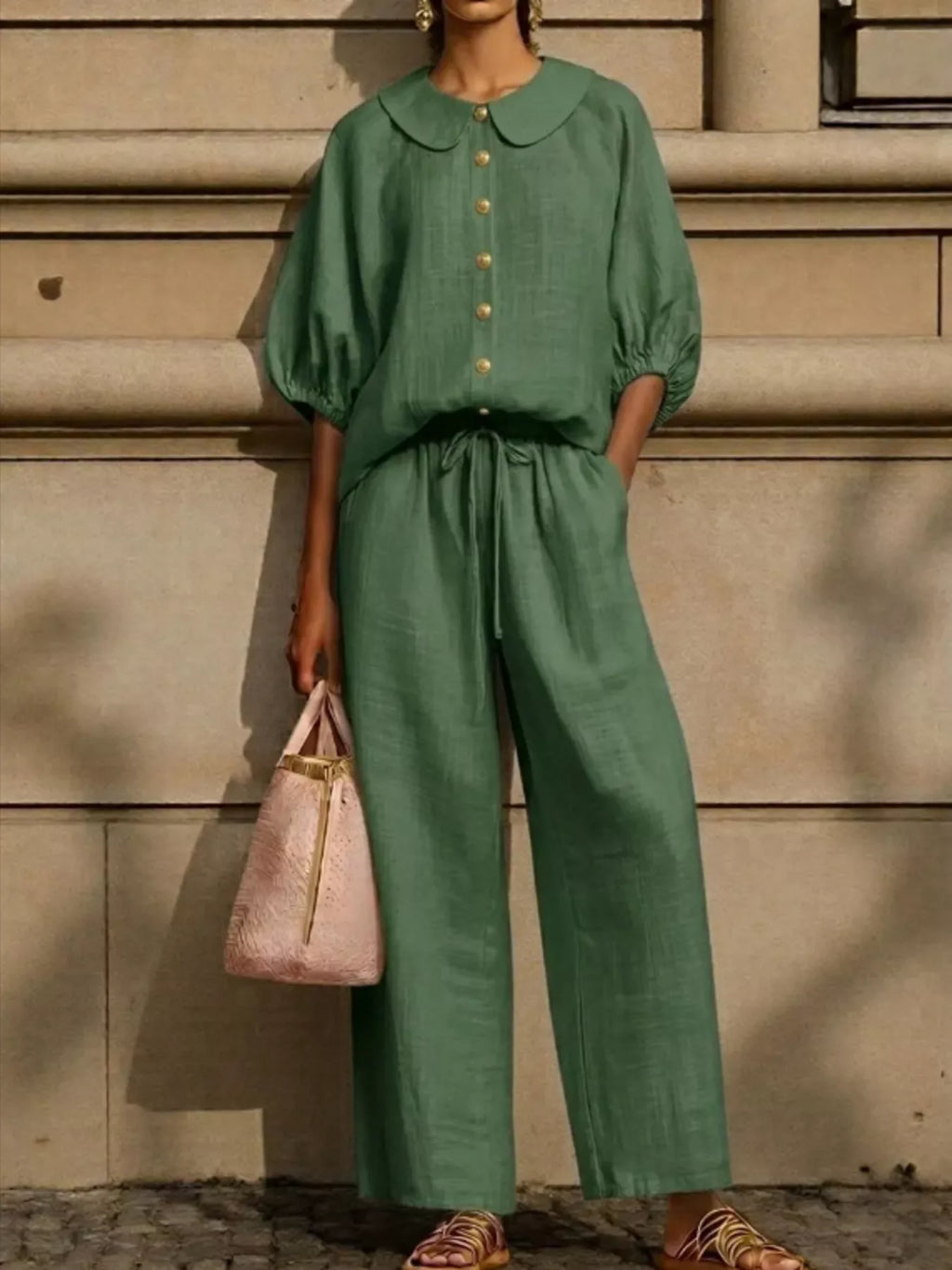 Full Size Button Down Half Sleeve Top and Pants Set Plus Size