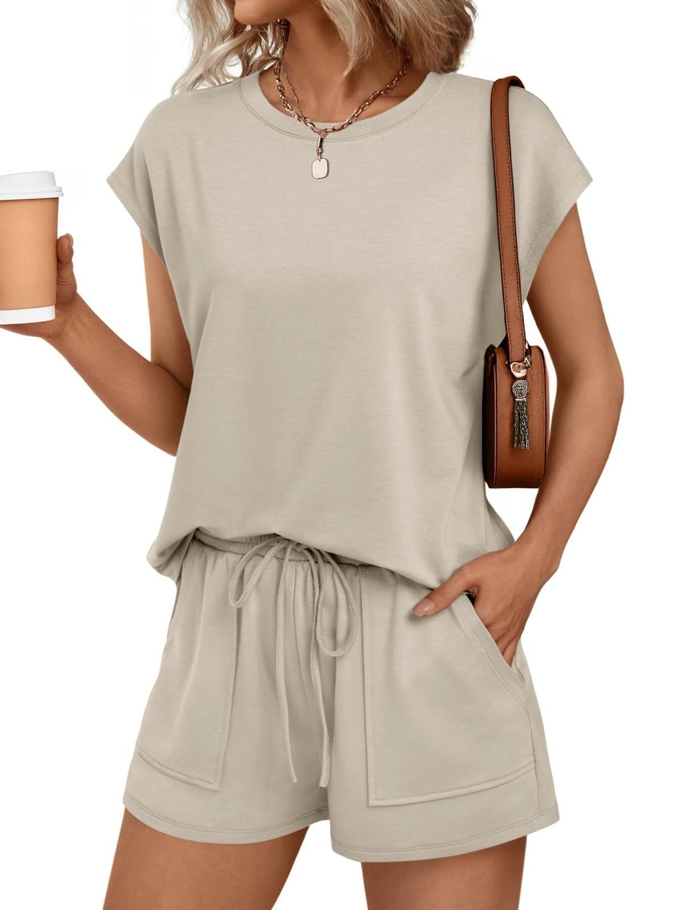 Round Neck Cap Sleeve Top and Shorts Set